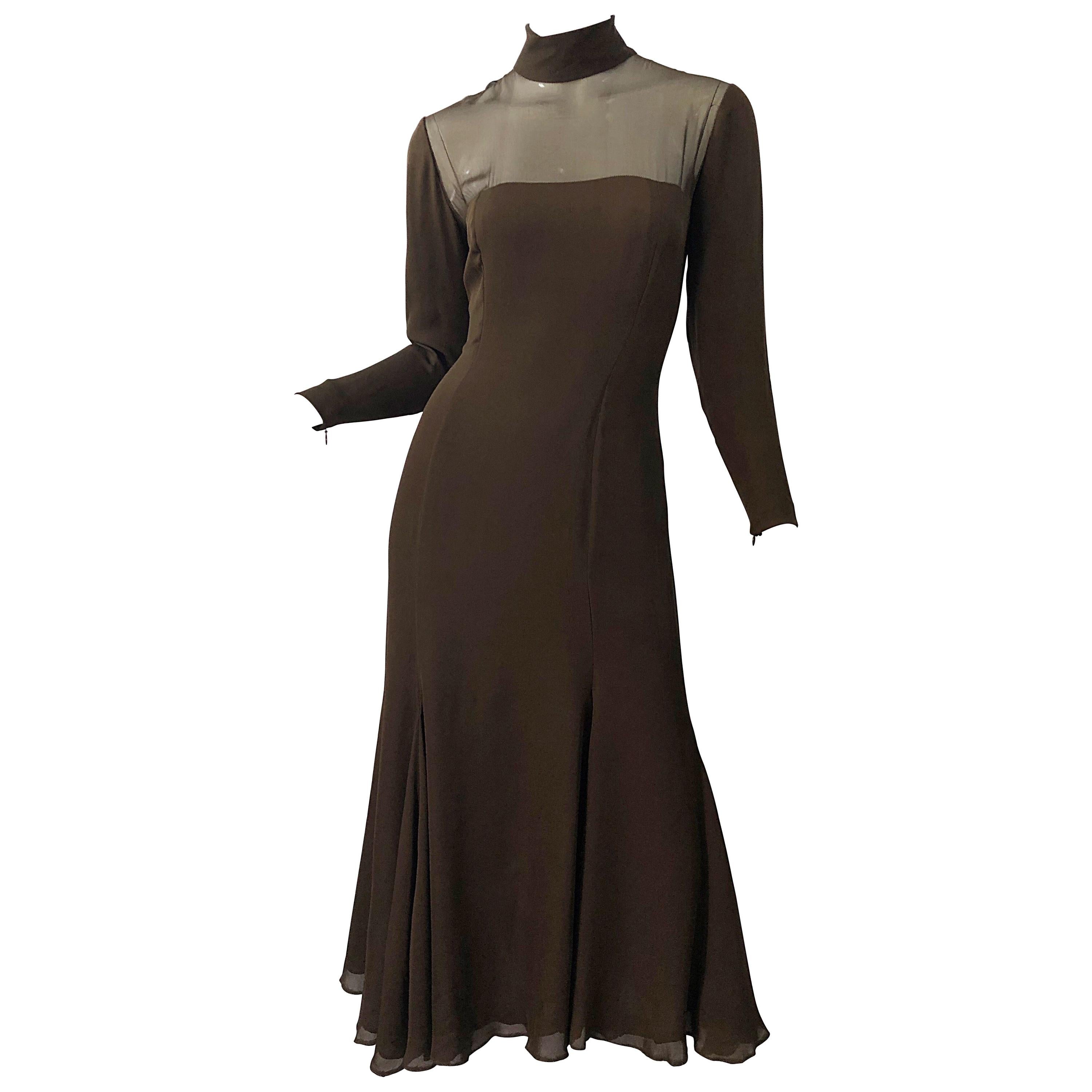 1970s Nolan Miller Couture Chocolate Brown Silk Chiffon Vintage 70s Midi Dress For Sale