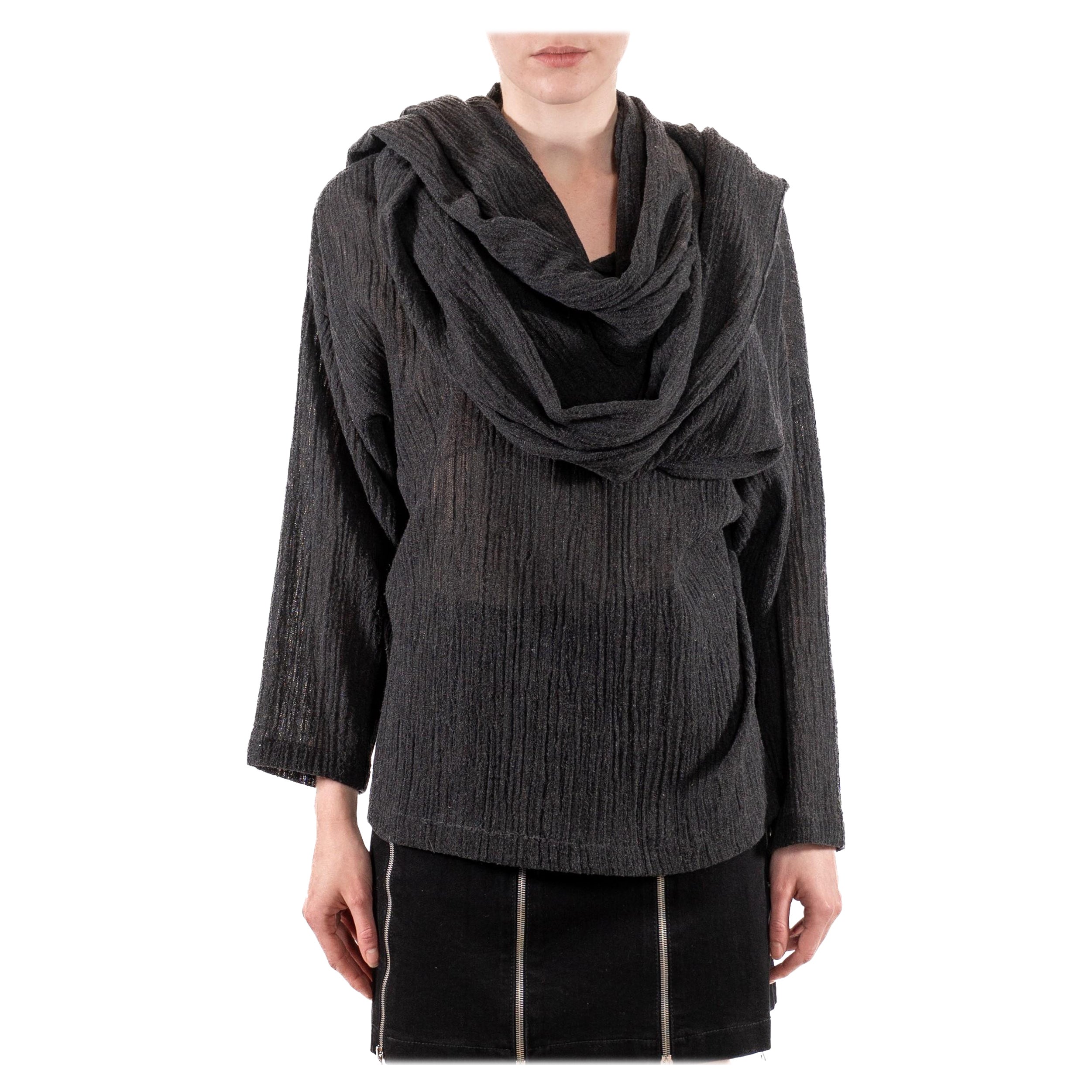 1970S NORMA KAMALI Gunmetal Grey Cotton Blend Crepe Hooded Scarf Shirt im Angebot