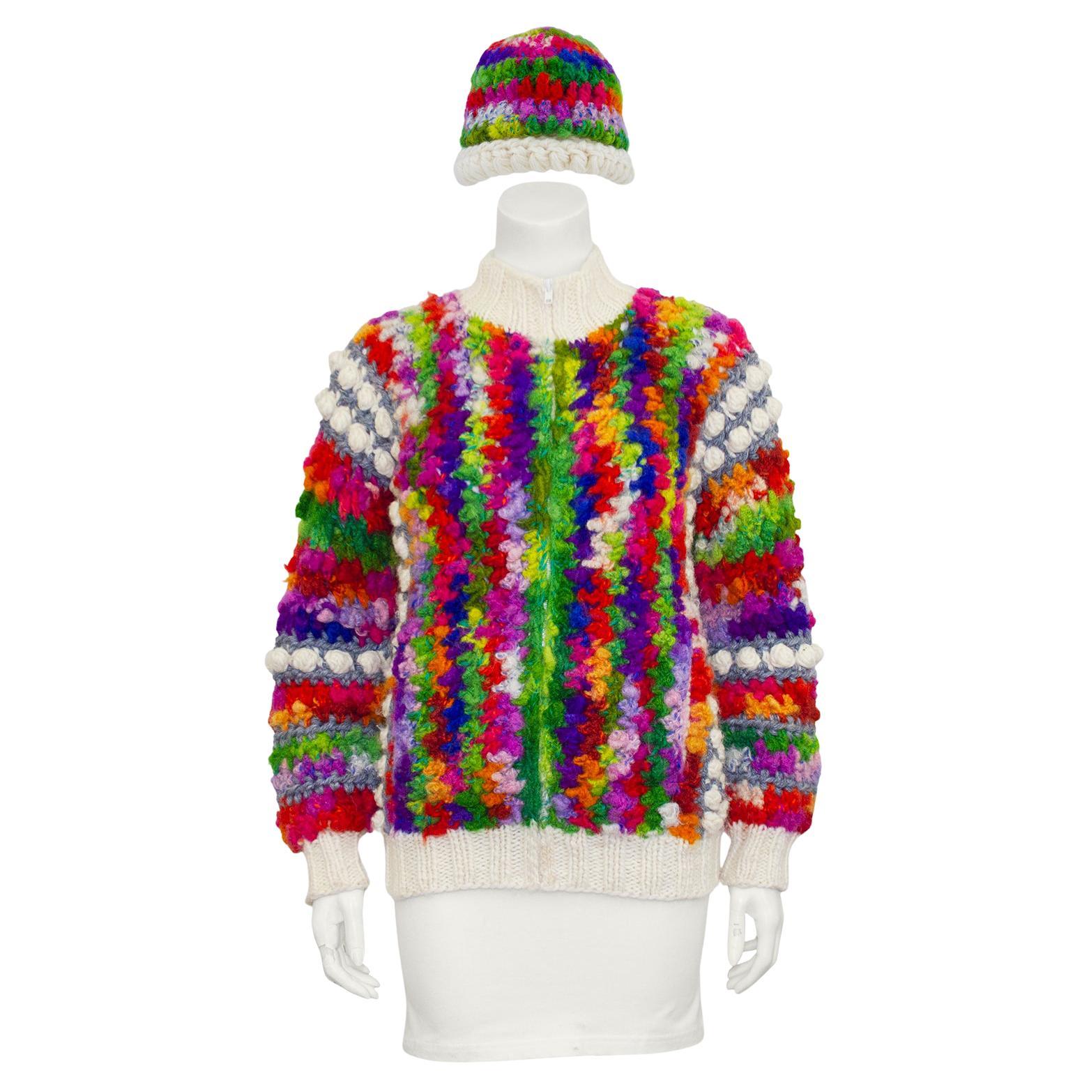 1970's Norma of Canada Multi Color Hand Knit Bomber & Hat For Sale