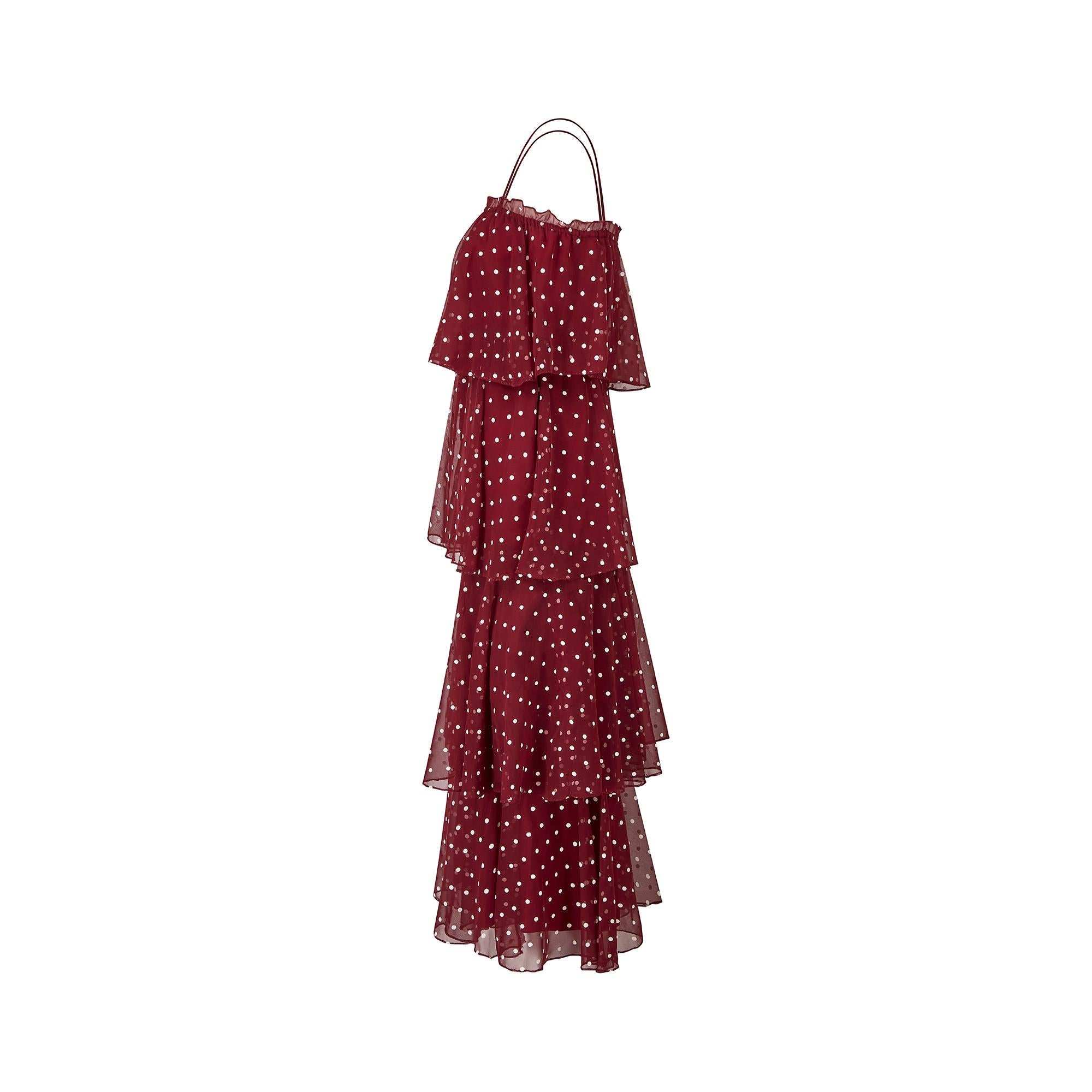 Red 1970s Norman Berg Burgundy and White Polka Dot Tiered Dress For Sale