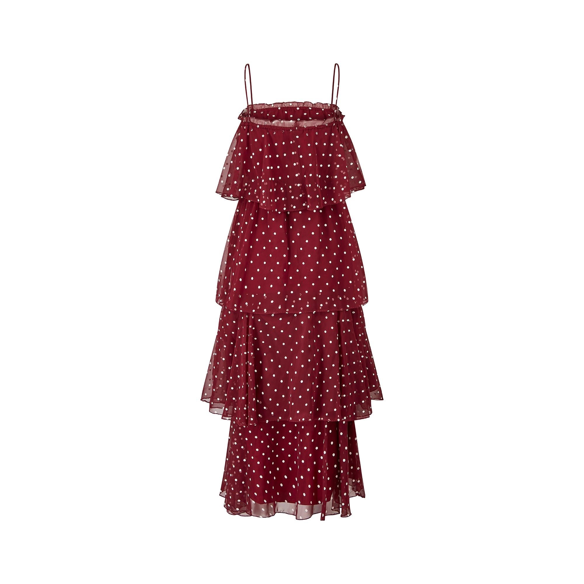 1970s Norman Berg Burgundy and White Polka Dot Tiered Dress In Excellent Condition For Sale In London, GB
