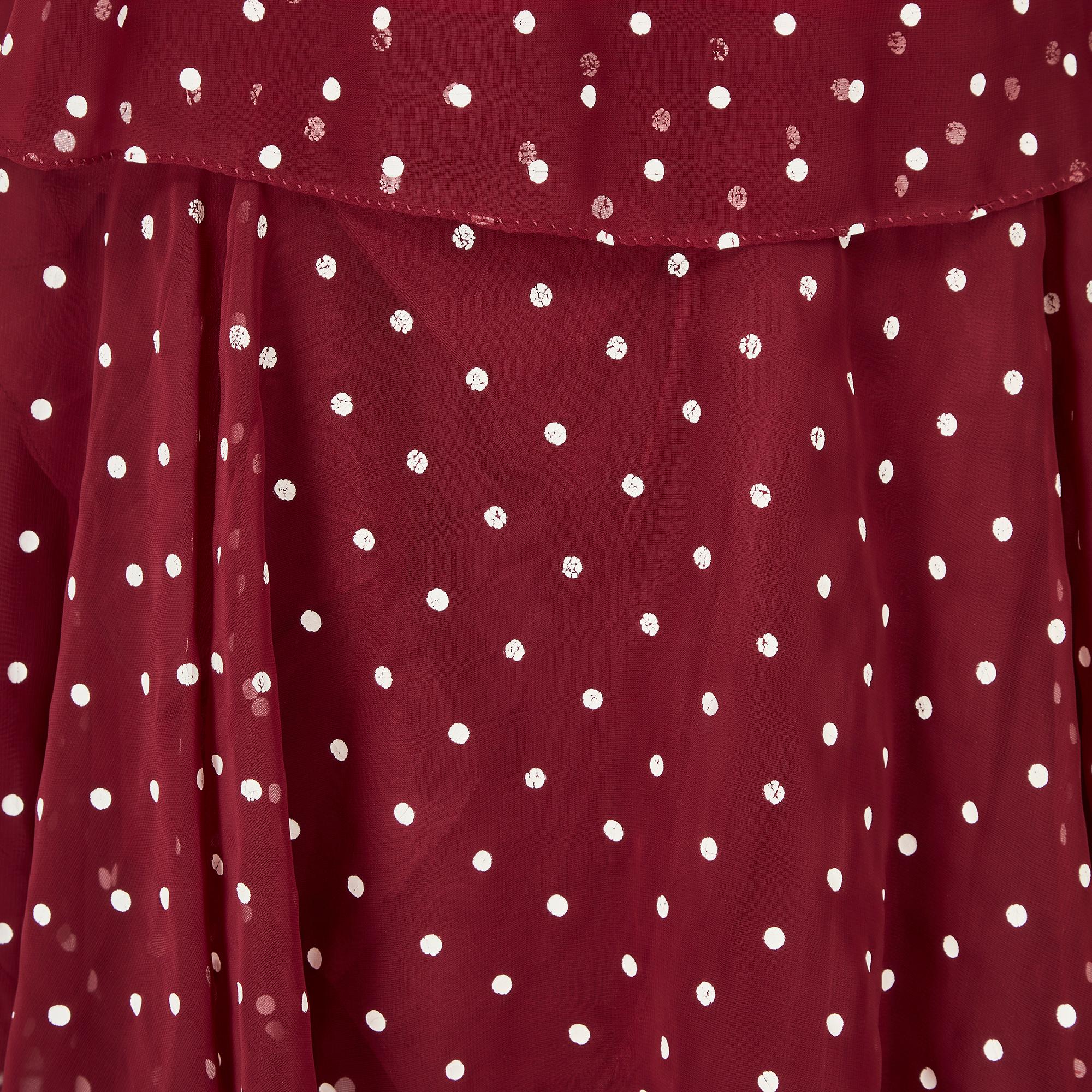 Women's 1970s Norman Berg Burgundy and White Polka Dot Tiered Dress For Sale