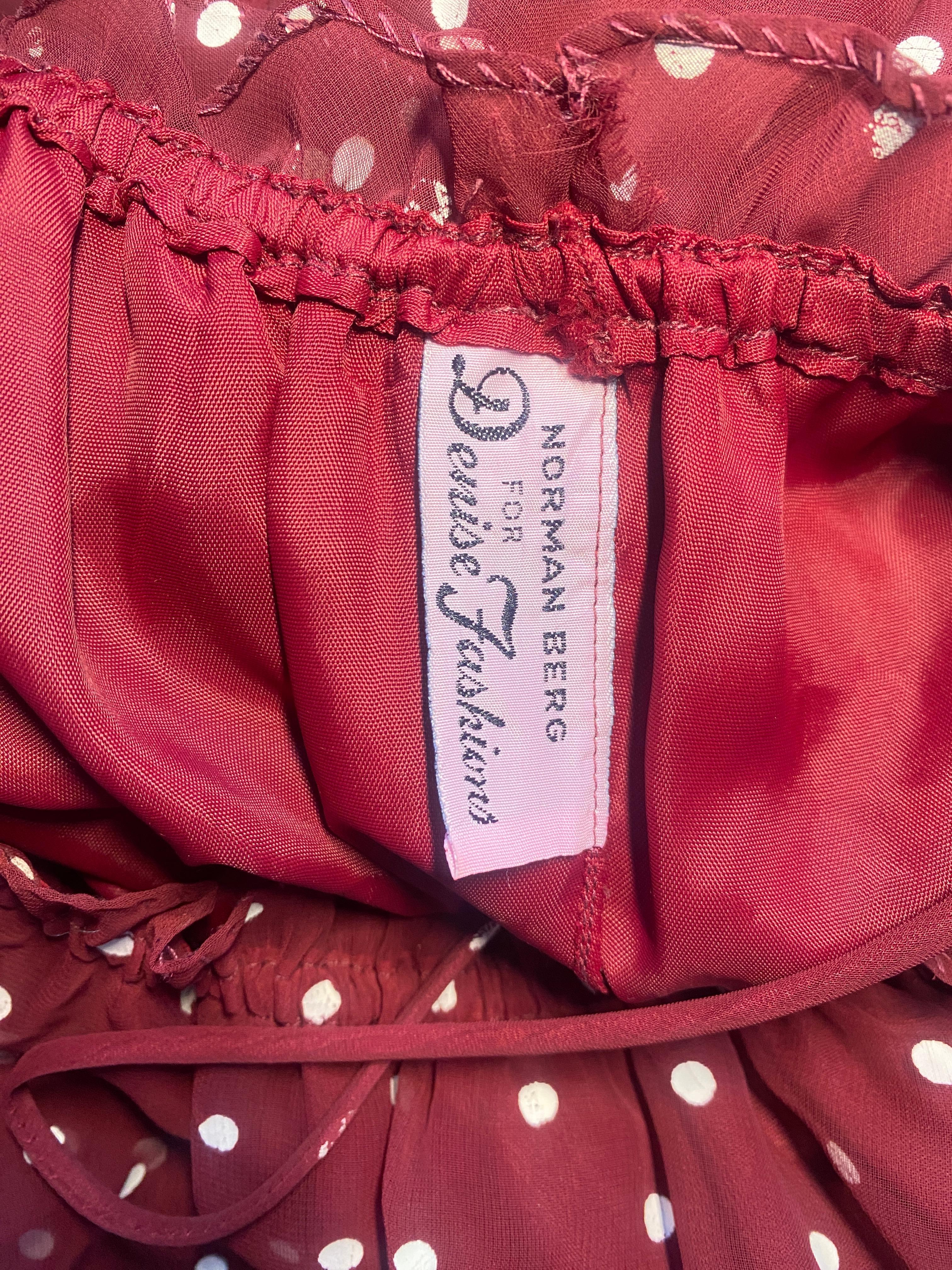 1970s Norman Berg Burgundy and White Polka Dot Tiered Dress For Sale 1