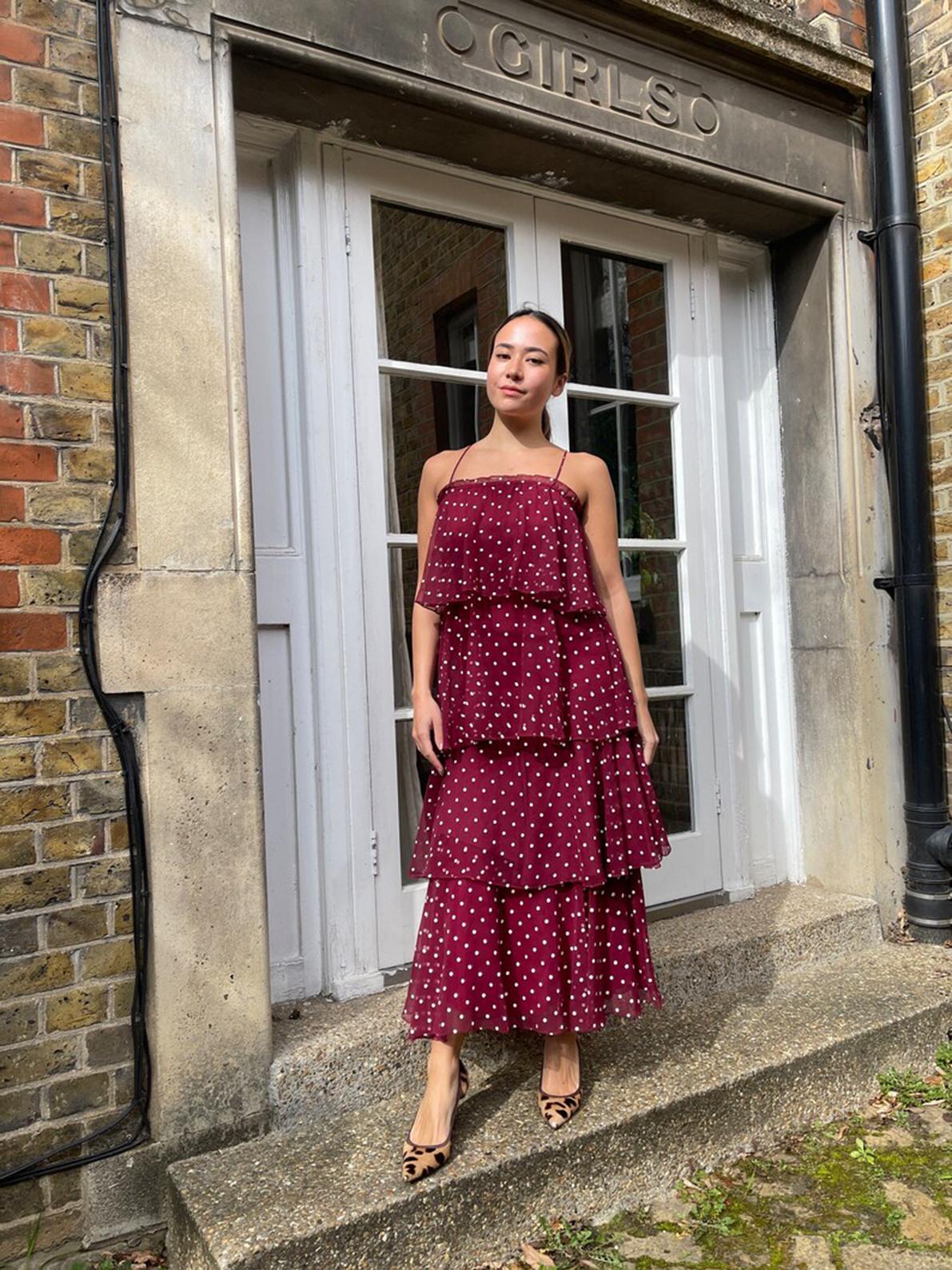 1970s Norman Berg Burgundy and White Polka Dot Tiered Dress For Sale 2