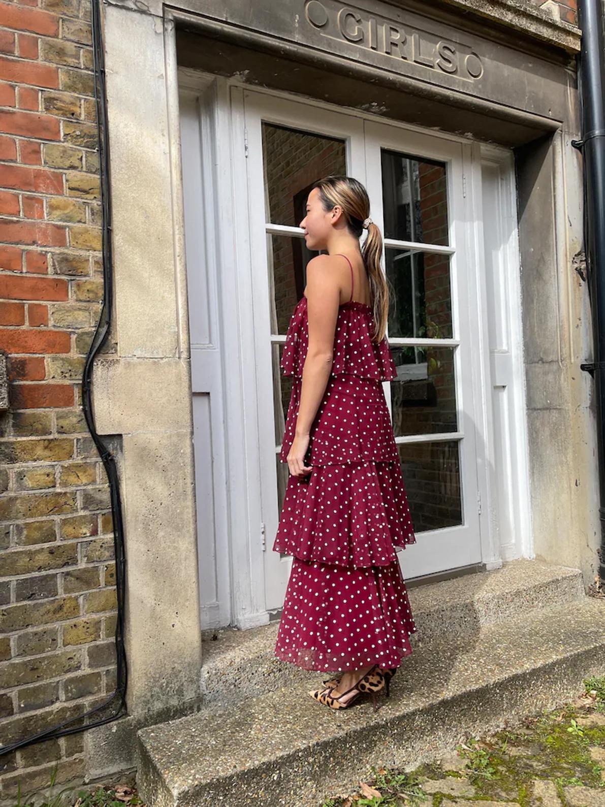 1970s Norman Berg Burgundy and White Polka Dot Tiered Dress For Sale 3
