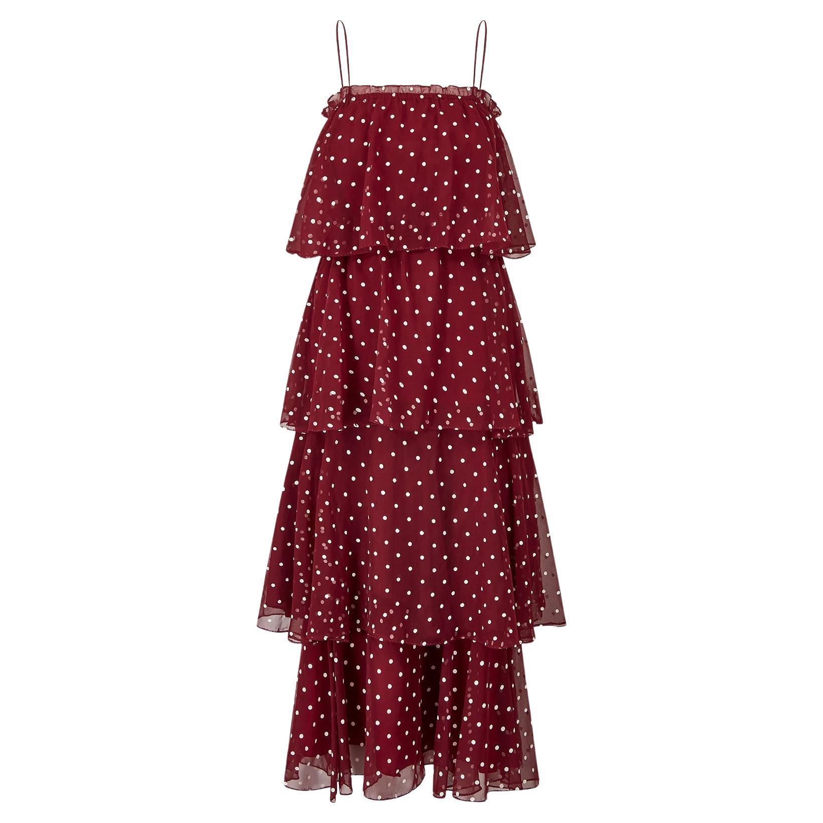 1970s Norman Berg Burgundy and White Polka Dot Tiered Dress For Sale