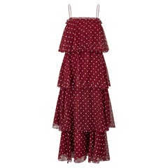 1970s Norman Berg Burgundy and White Polka Dot Tiered Dress