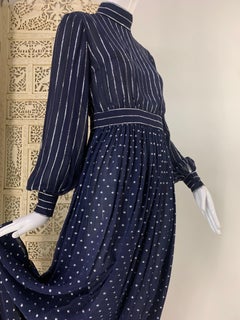 1970s Norman Norell Navy Blue and Silver Lurex Crepe and Chiffon Evening Gown