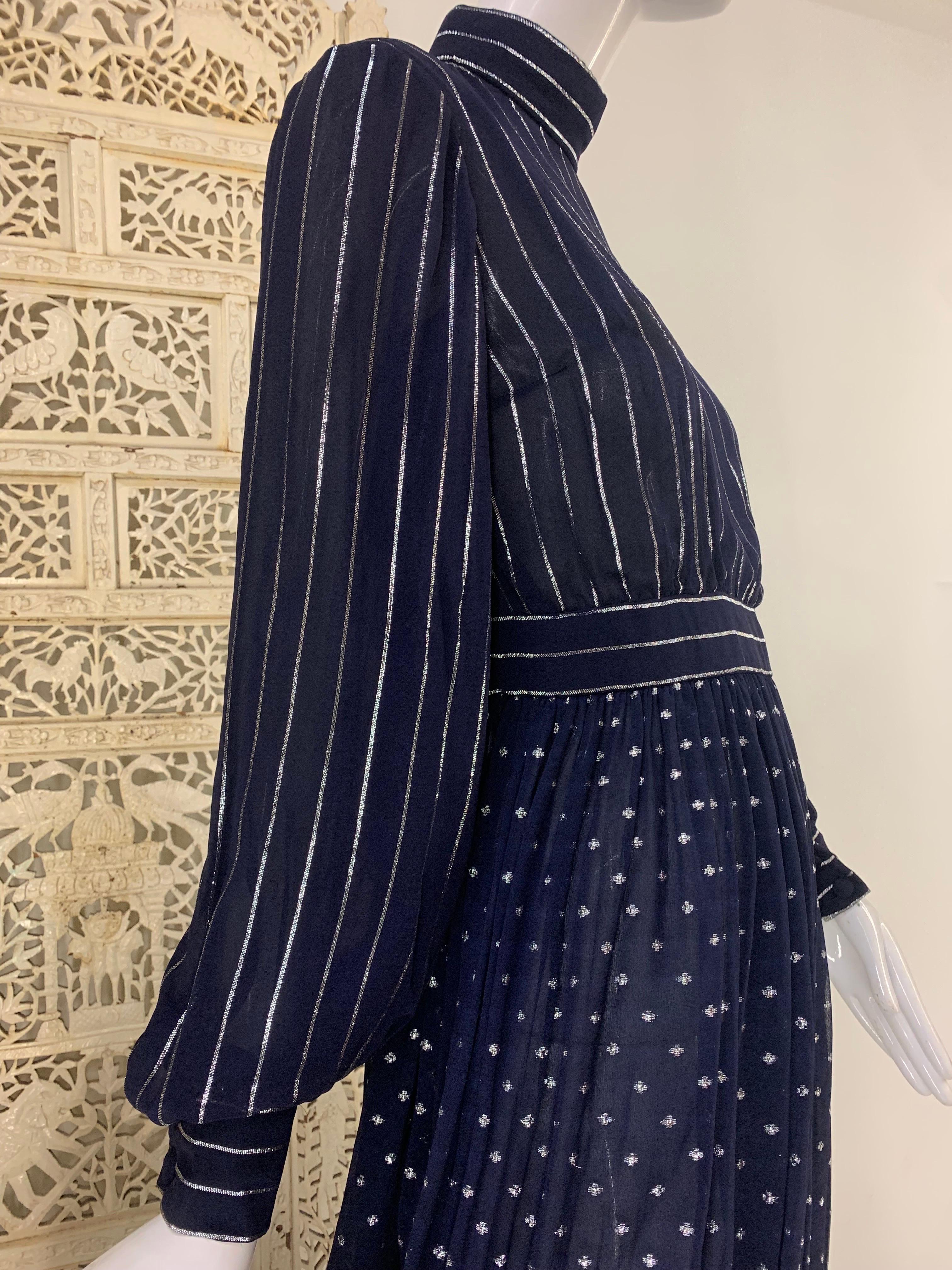 1970s Norman Norell Navy Blue and Silver Lurex Crepe and Chiffon Evening Gown For Sale 2