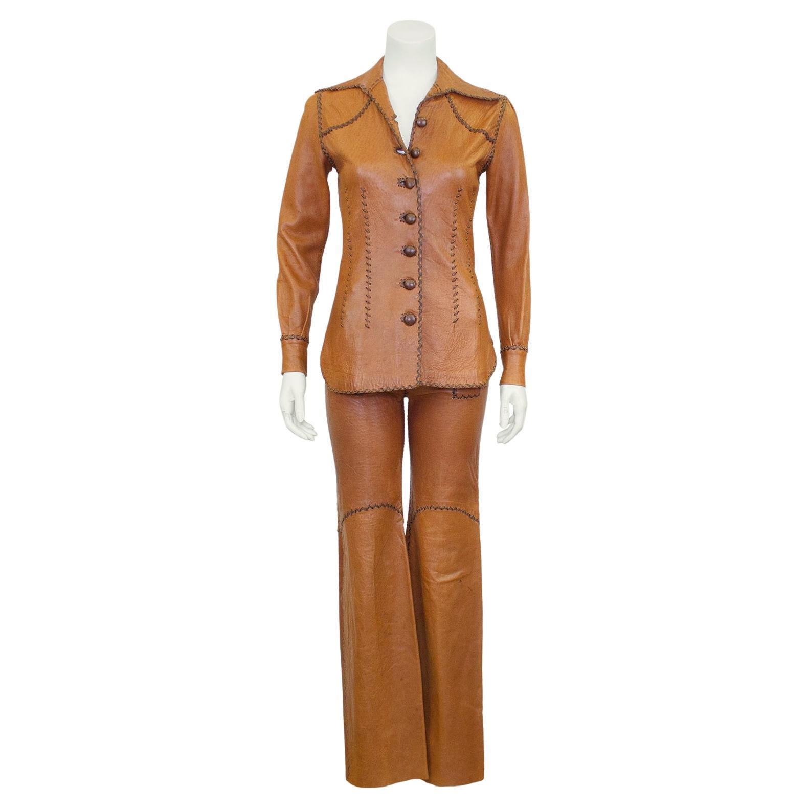 1970's North Beach Whipstitched Leather Shirt and Bellbottoms For Sale