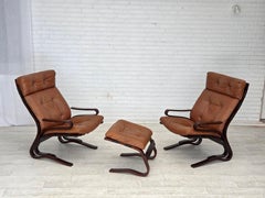 1970s, Norwegian design by Else & Nordahl Solheim, set of 2 chairs, footstool.
