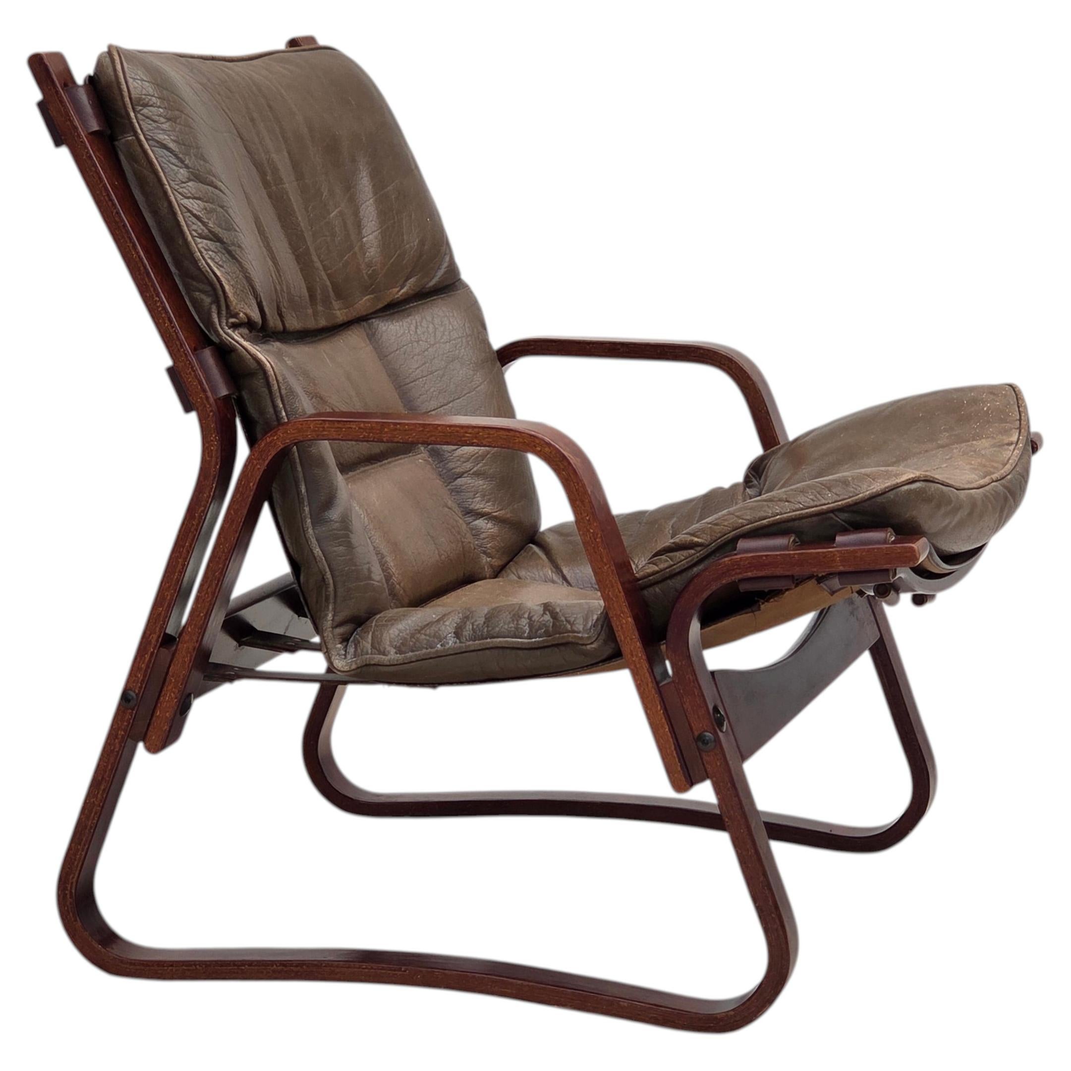 1970s, Norwegian lounge chair, brown furniture leather.