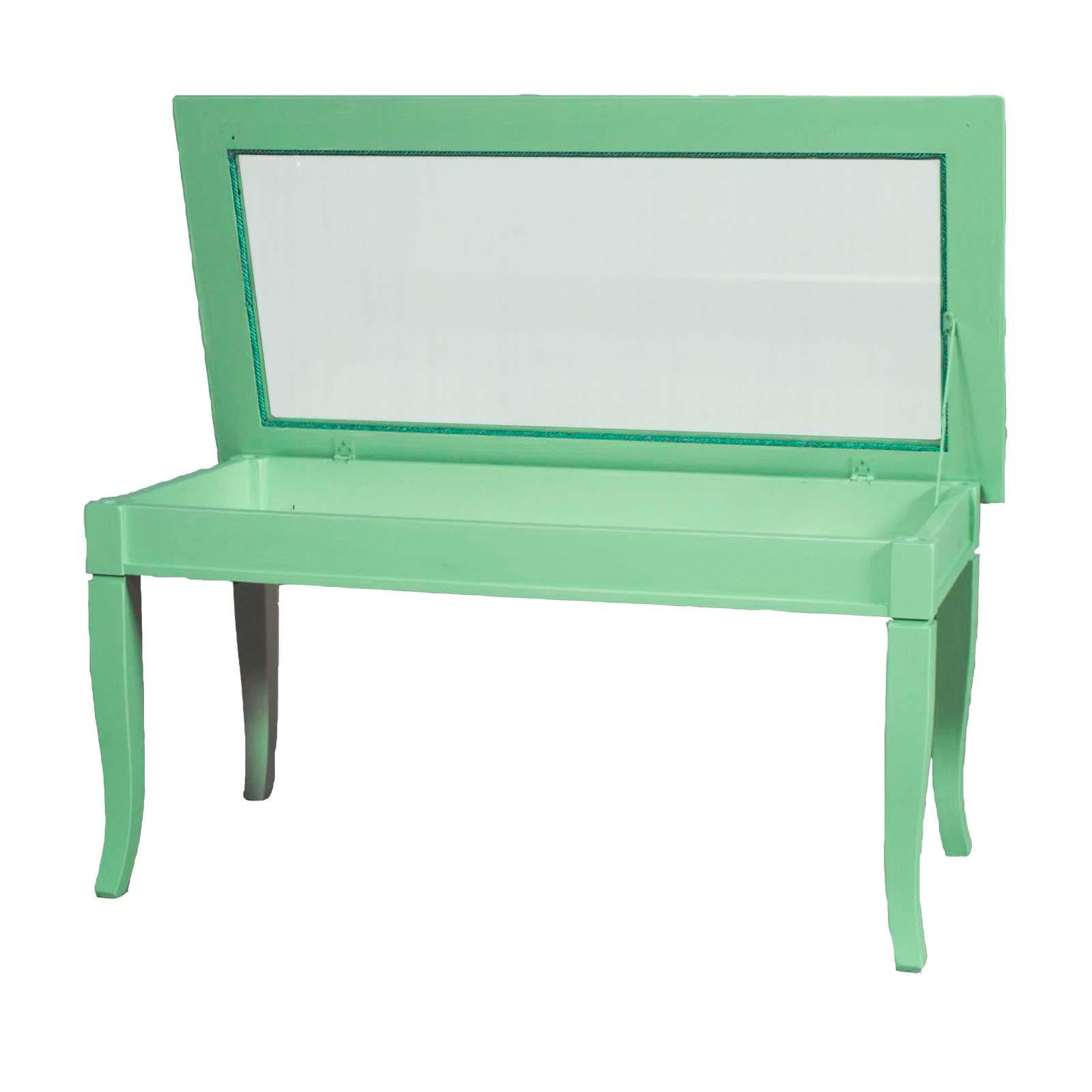 1970s exhibition vitrine cabinet , coffee table, center table, in emerald green painted maple, with glass top, internally lined with fabric.