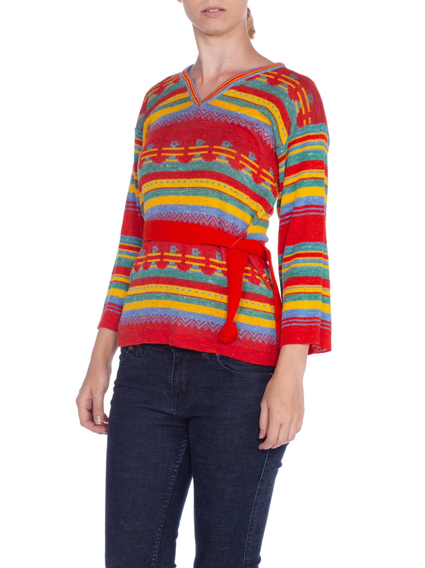 Orange 1970'S Multicolor Acrylic Blend Knit Aztec Stripe Sweater With Belt For Sale
