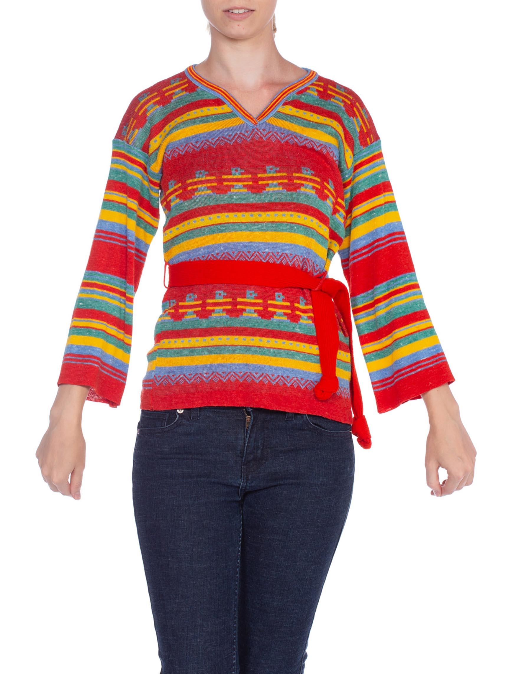1970'S Multicolor Acrylic Blend Knit Aztec Stripe Sweater With Belt In Excellent Condition For Sale In New York, NY