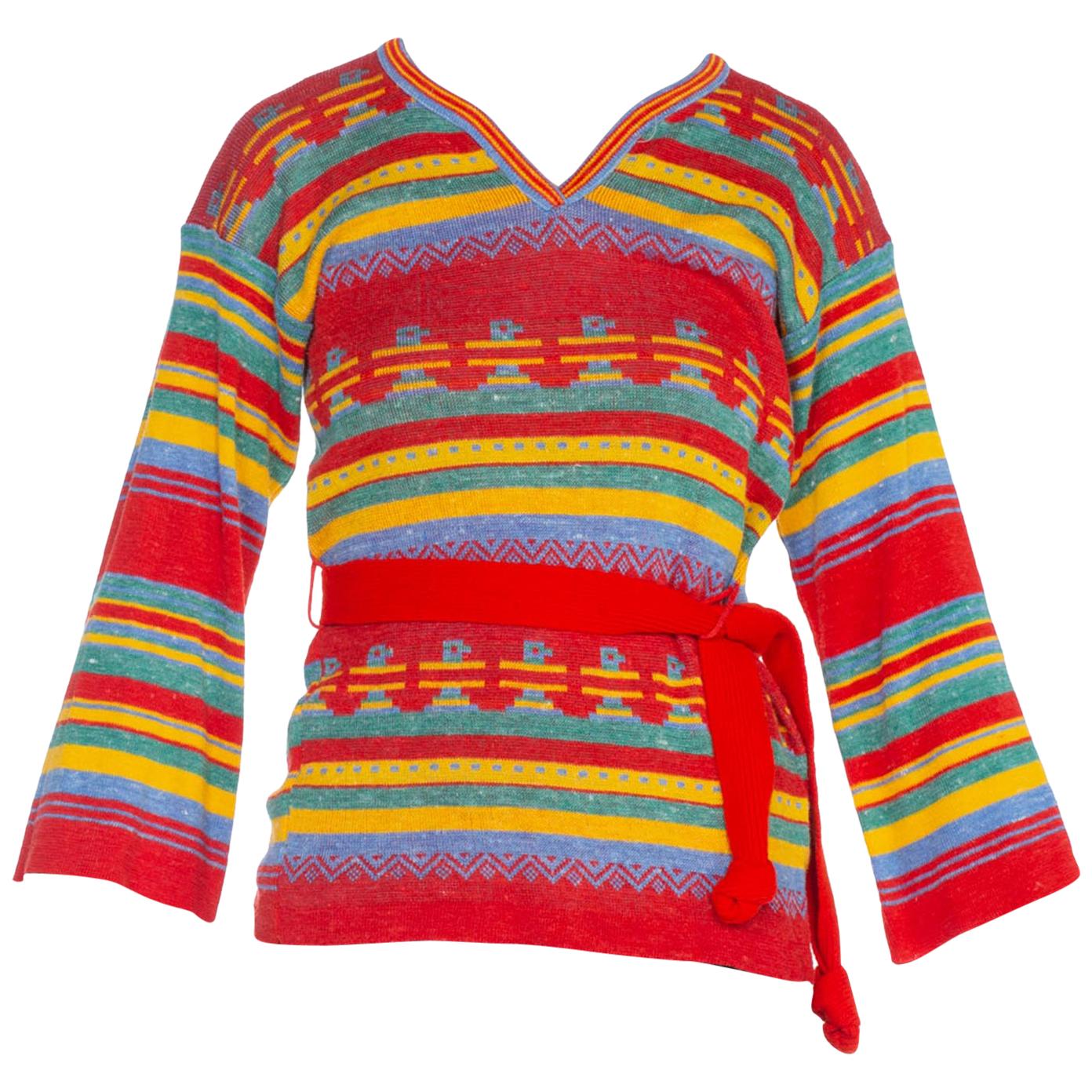 1970'S Multicolor Acrylic Blend Knit Aztec Stripe Sweater With Belt