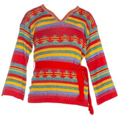 Vintage 1970'S Multicolor Acrylic Blend Knit Aztec Stripe Sweater With Belt