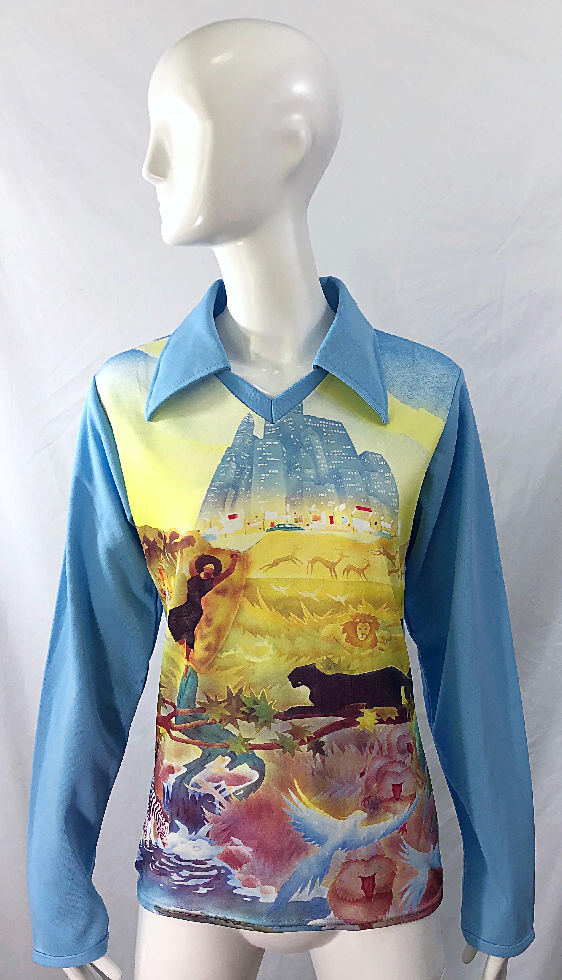 1970er Jahre Herren Novelty Print Circle of Life Vintage Strickhemd mit langen Ärmeln 70er im Angebot 5