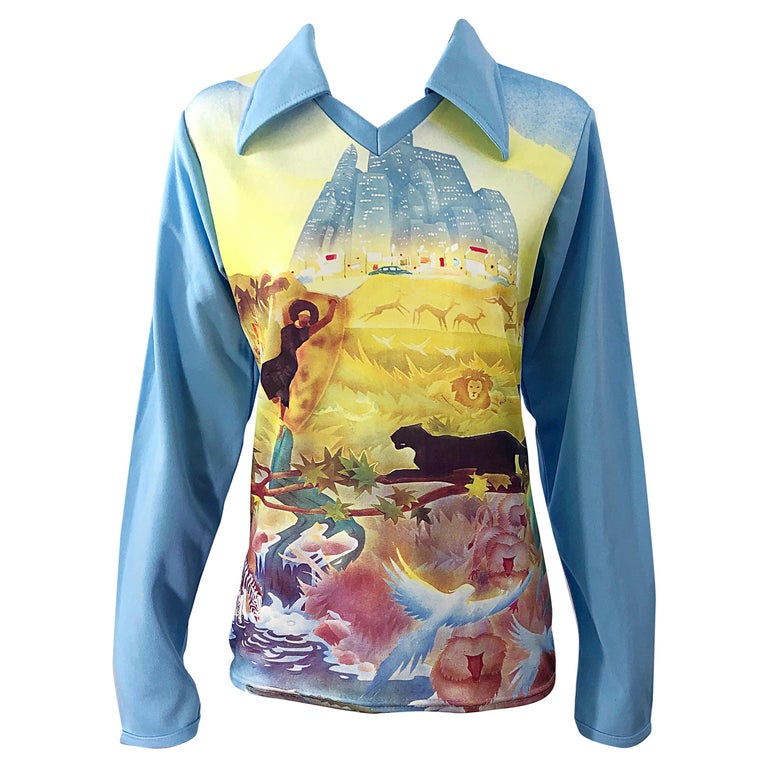 1970s Men’s Novelty Print Circle of Life Vintage Knit 70s Long Sleeve