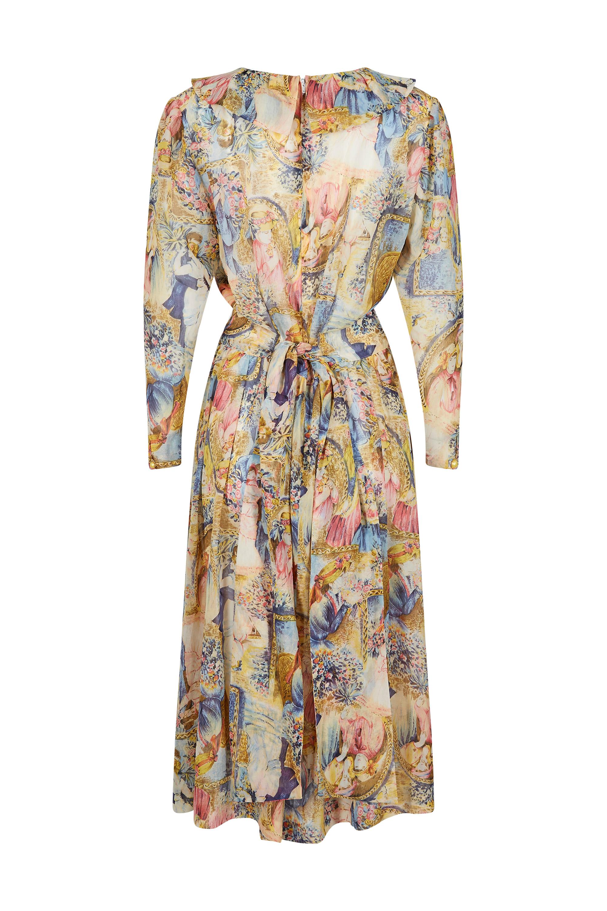 Beige 1970s Novelty Printed Chiffon Pastel Shade Dress With Sash Belt For Sale