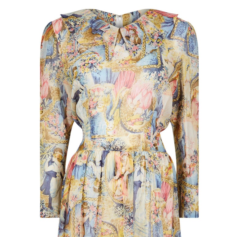 1970s Novelty Printed Chiffon Pastel Shade Dress With Sash Belt For ...