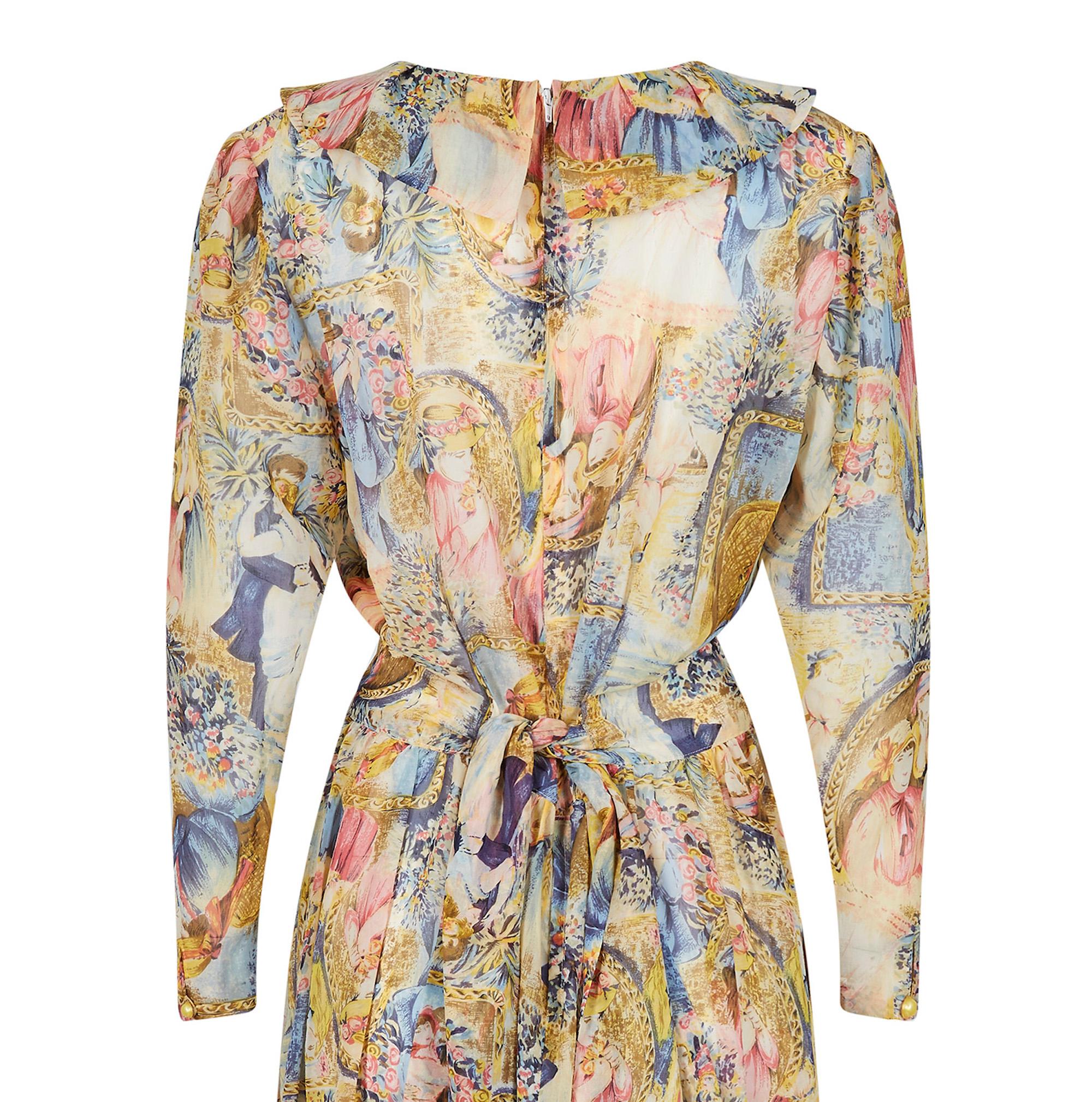 Women's 1970s Novelty Printed Chiffon Pastel Shade Dress With Sash Belt For Sale