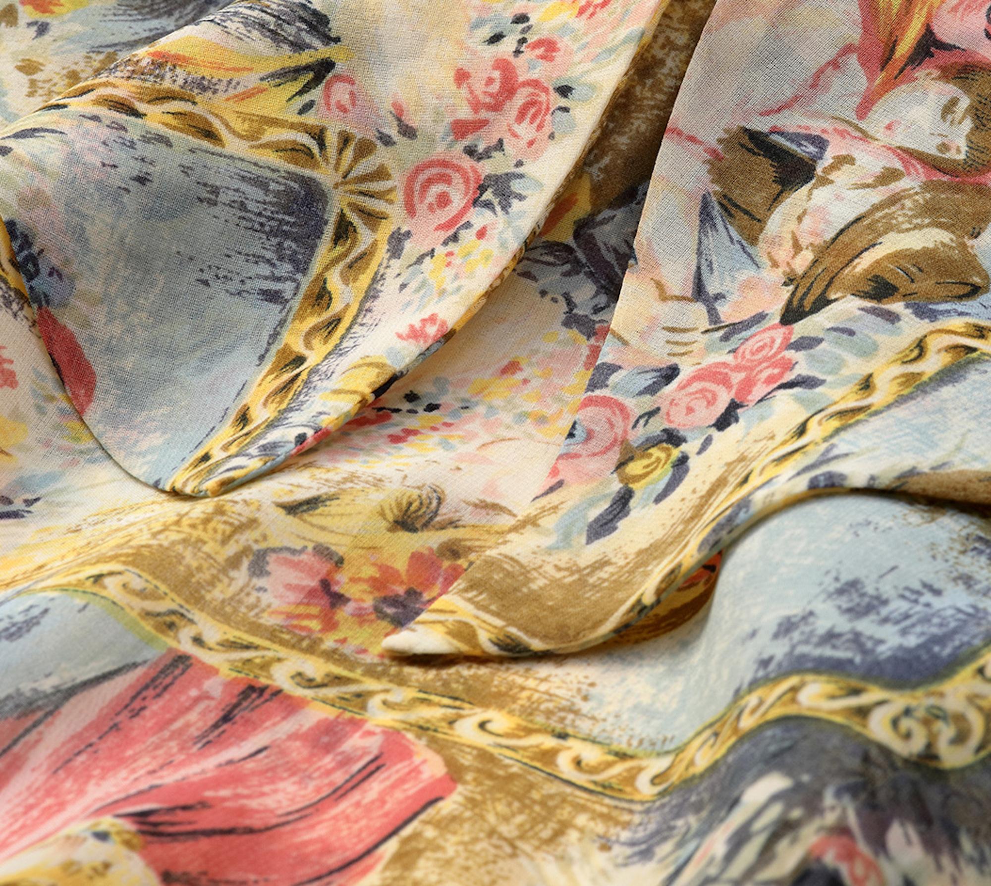1970s Novelty Printed Chiffon Pastel Shade Dress With Sash Belt For Sale 1