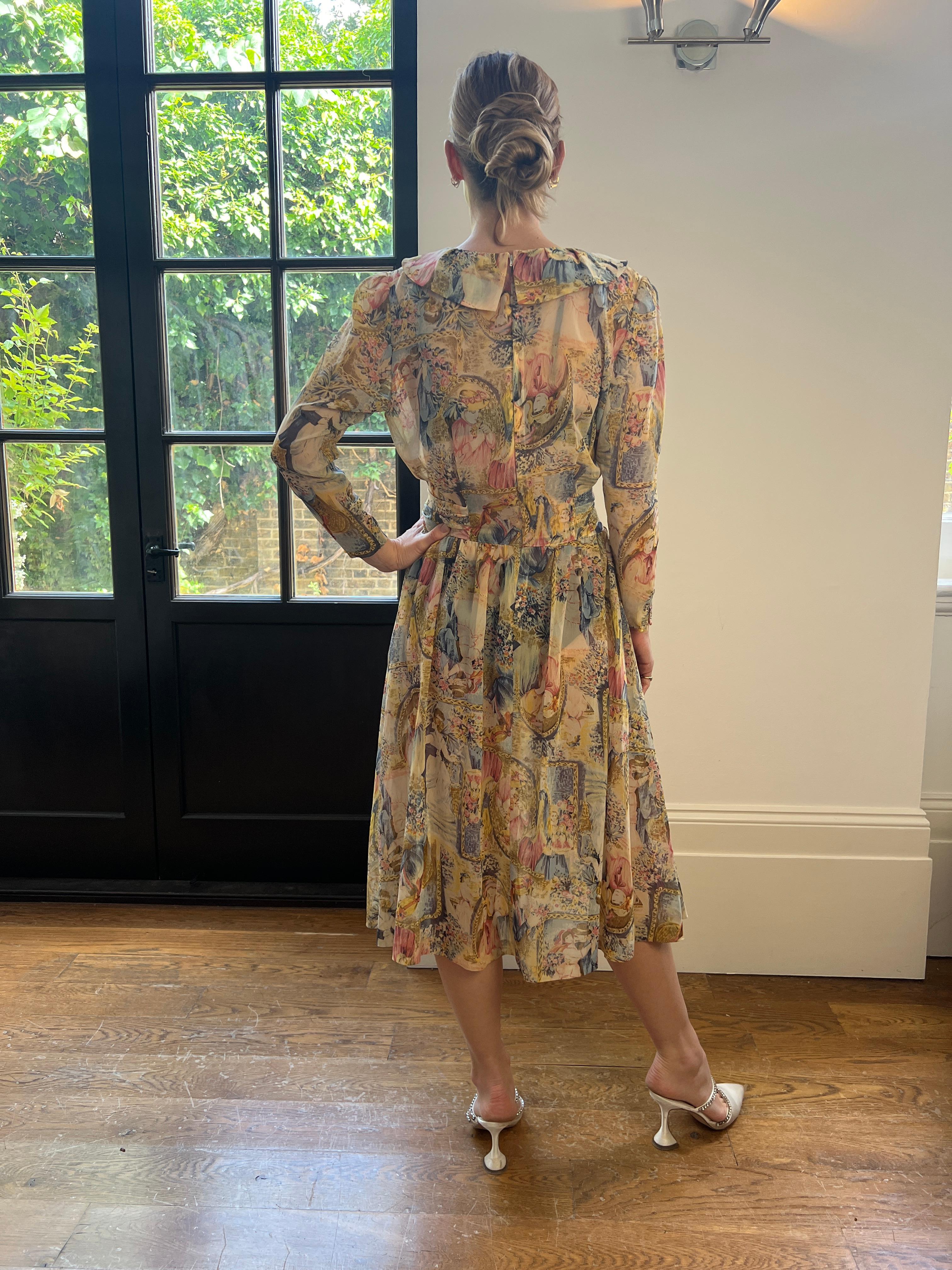 1970s Novelty Printed Chiffon Pastel Shade Dress With Sash Belt For Sale 3