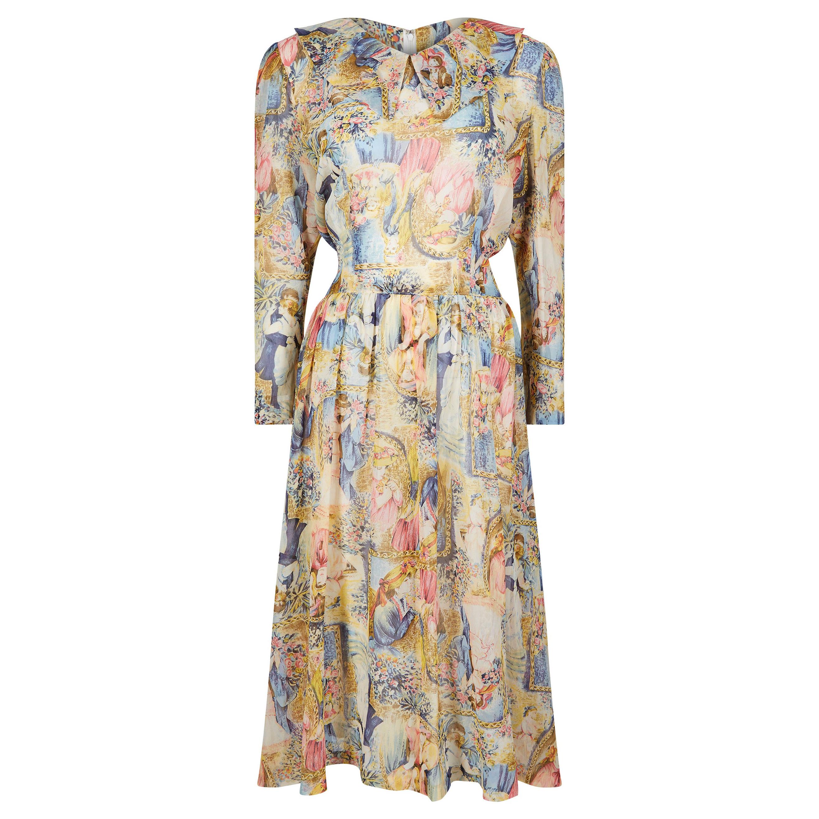 1970s Novelty Printed Chiffon Pastel Shade Dress With Sash Belt For Sale