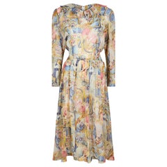 1970s Novelty Printed Chiffon Pastel Shade Dress With Sash Belt