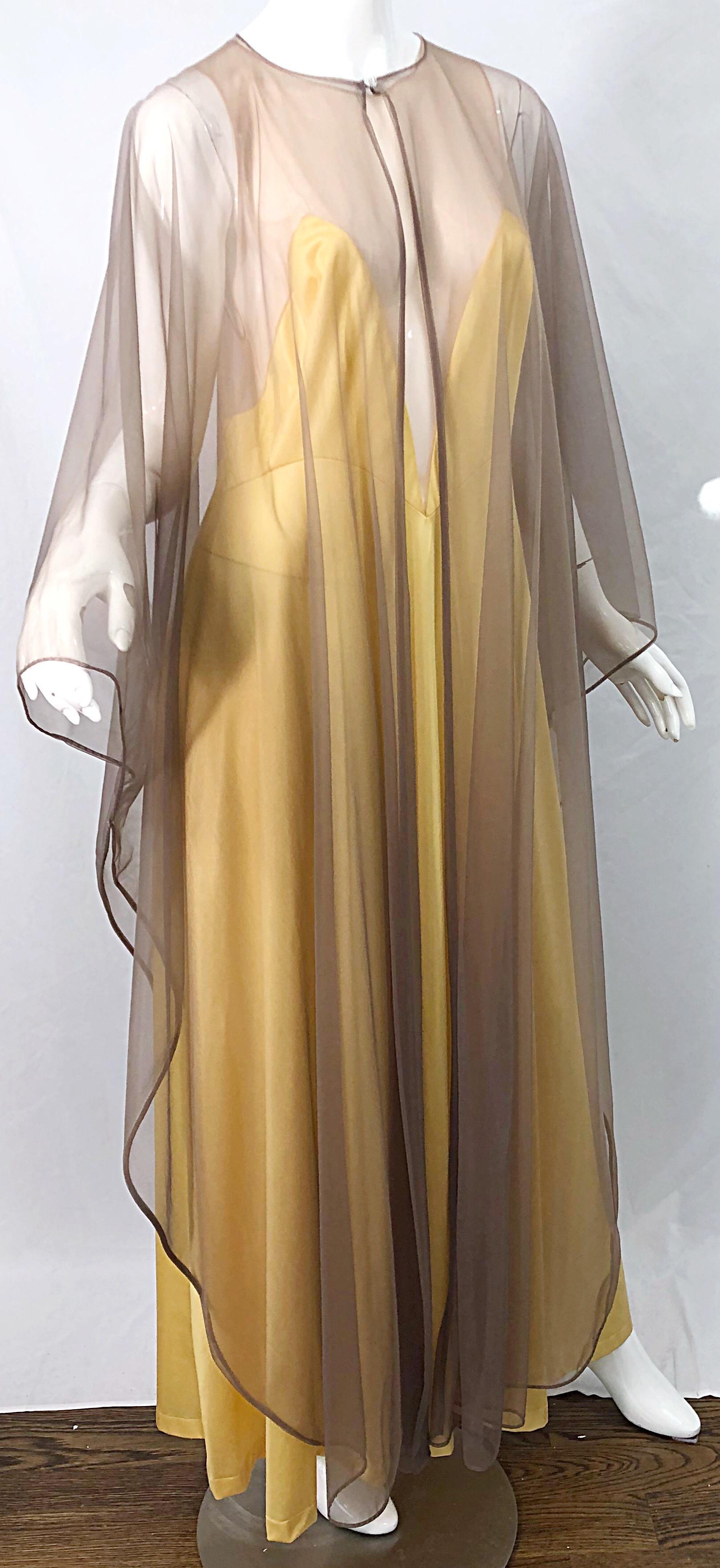 1970s Nude Sheer Caftan and Large Size Yellow Vintage 70s Nightgown Maxi Dress 3