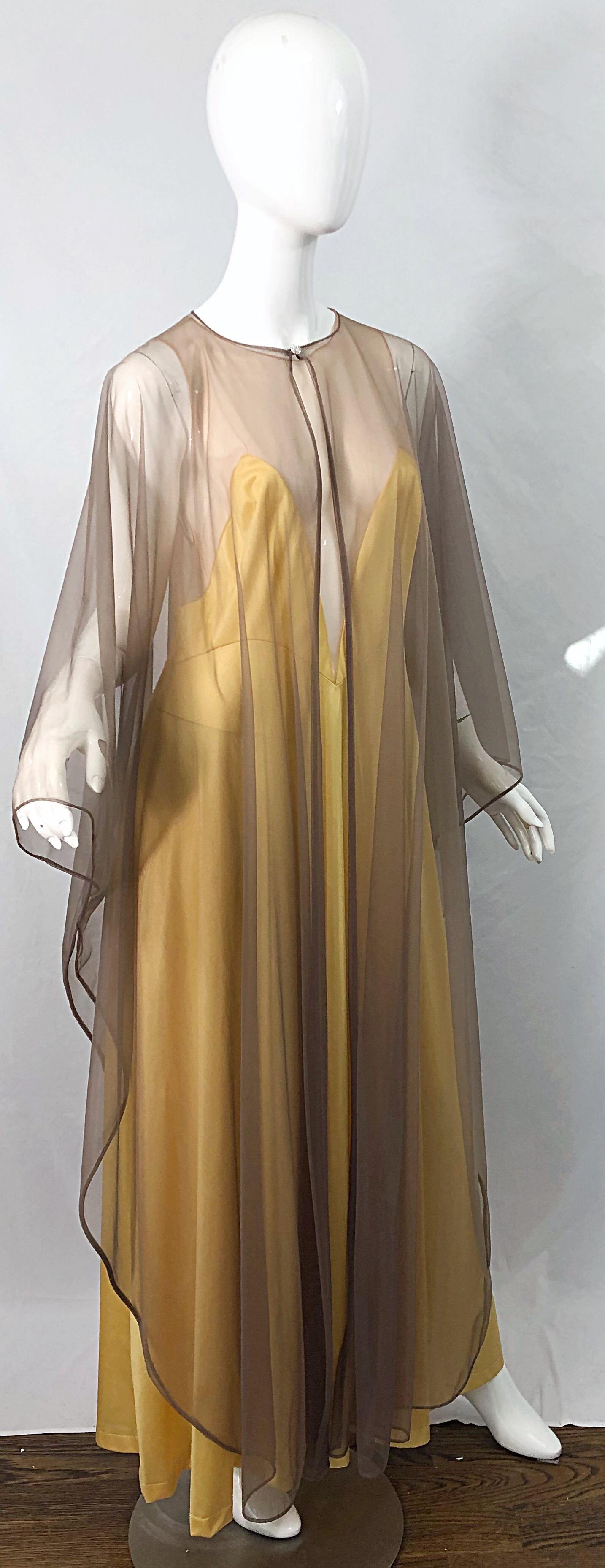 1970s Nude Sheer Caftan and Large Size Yellow Vintage 70s Nightgown Maxi Dress 8