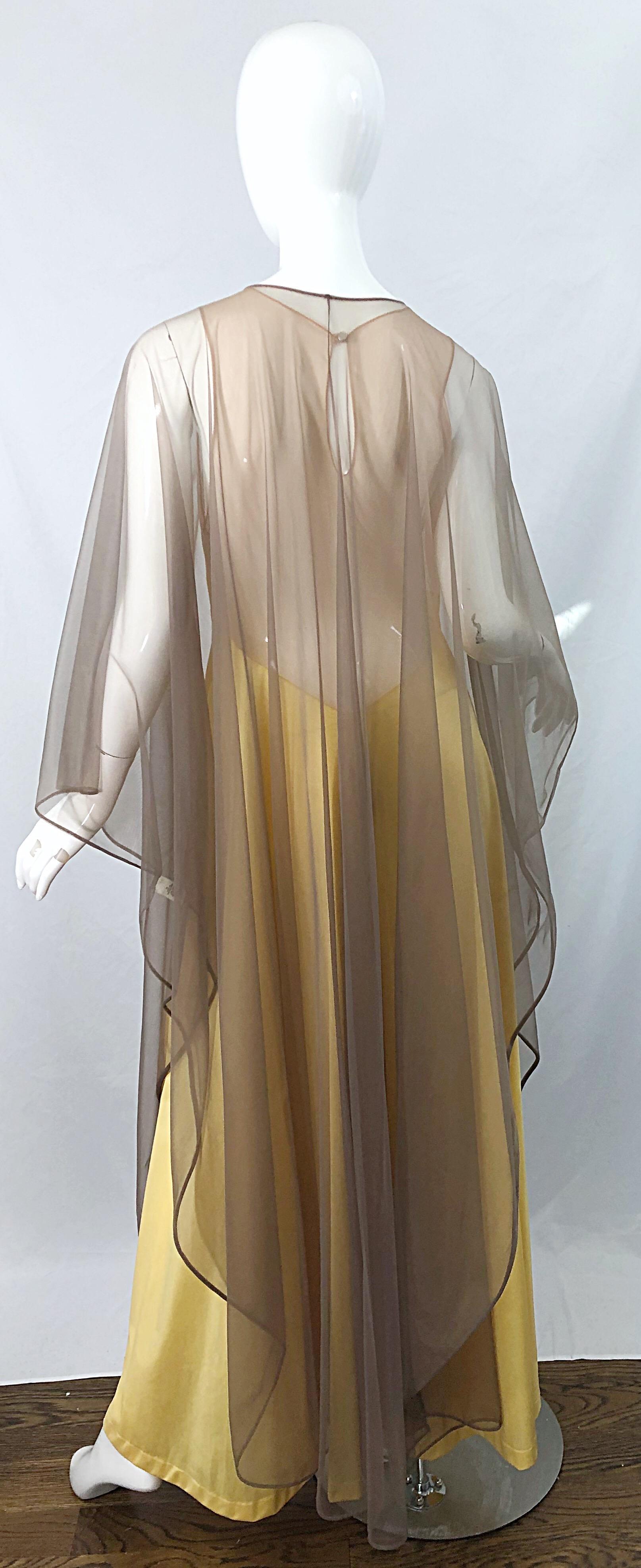 1970s Nude Sheer Caftan and Large Size Yellow Vintage 70s Nightgown Maxi Dress 9