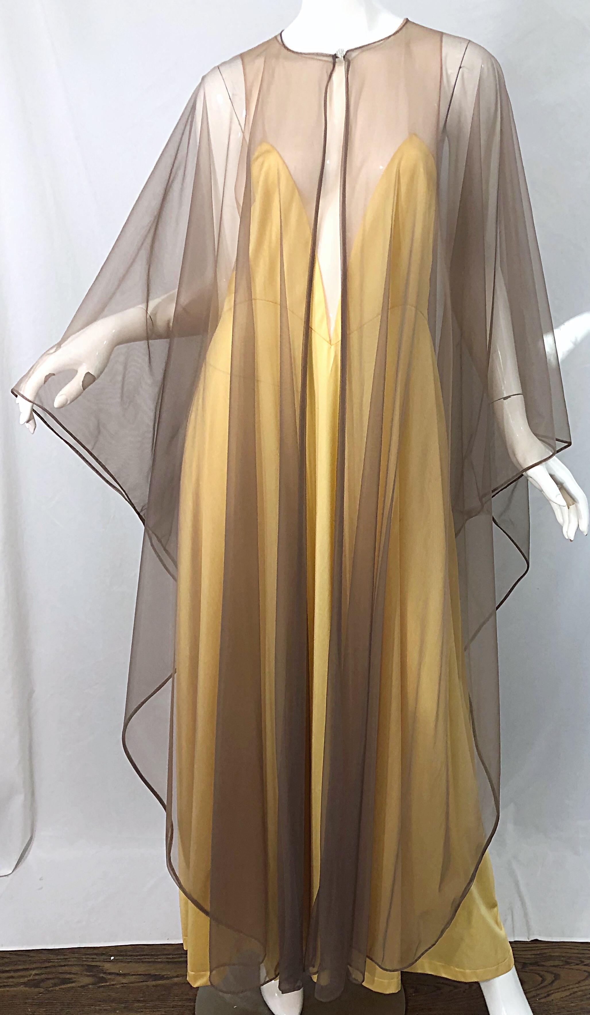 1970s Nude Sheer Caftan and Large Size Yellow Vintage 70s Nightgown Maxi Dress 11