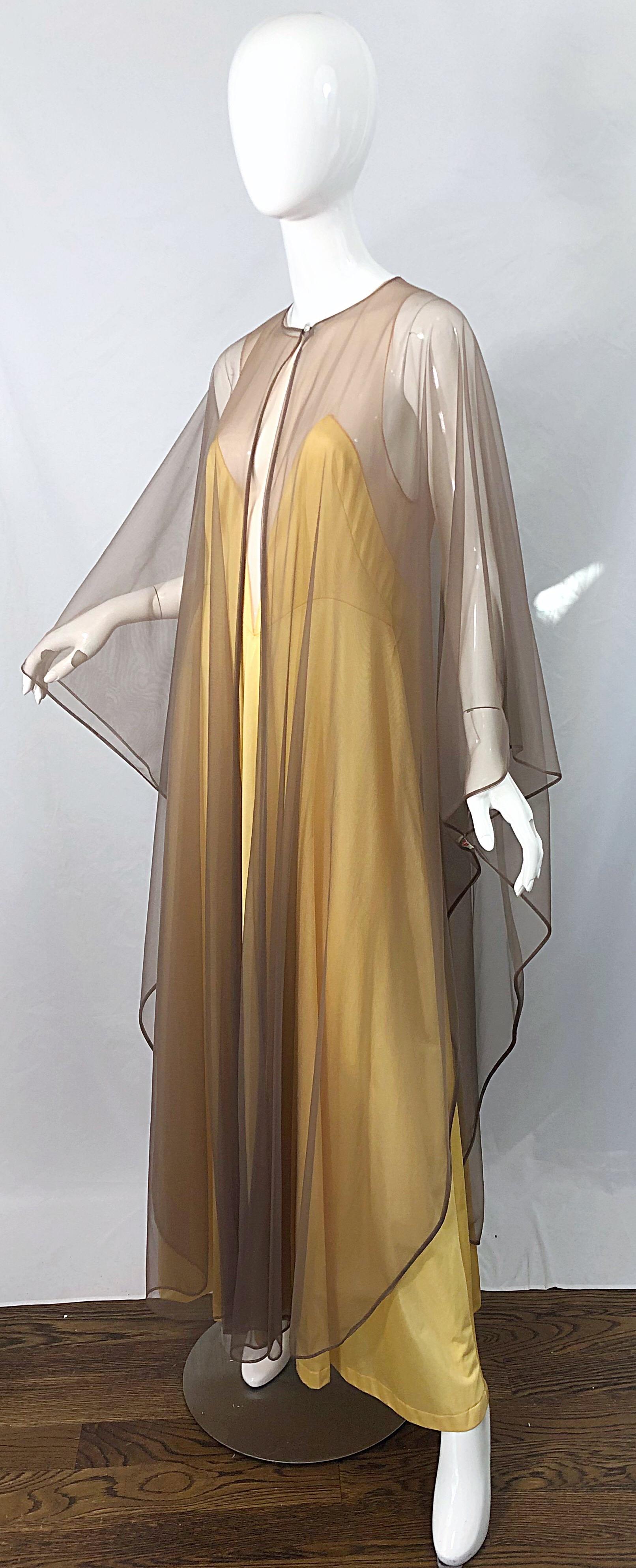 1970s Nude Sheer Caftan and Large Size Yellow Vintage 70s Nightgown Maxi Dress 12