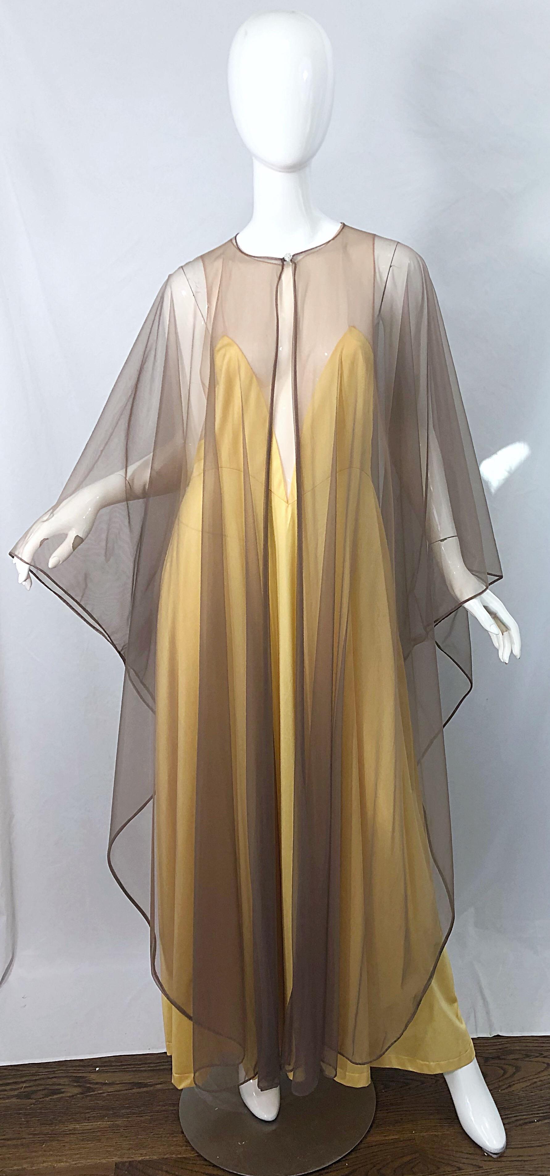 1970s Nude Sheer Caftan and Large Size Yellow Vintage 70s Nightgown Maxi Dress 13