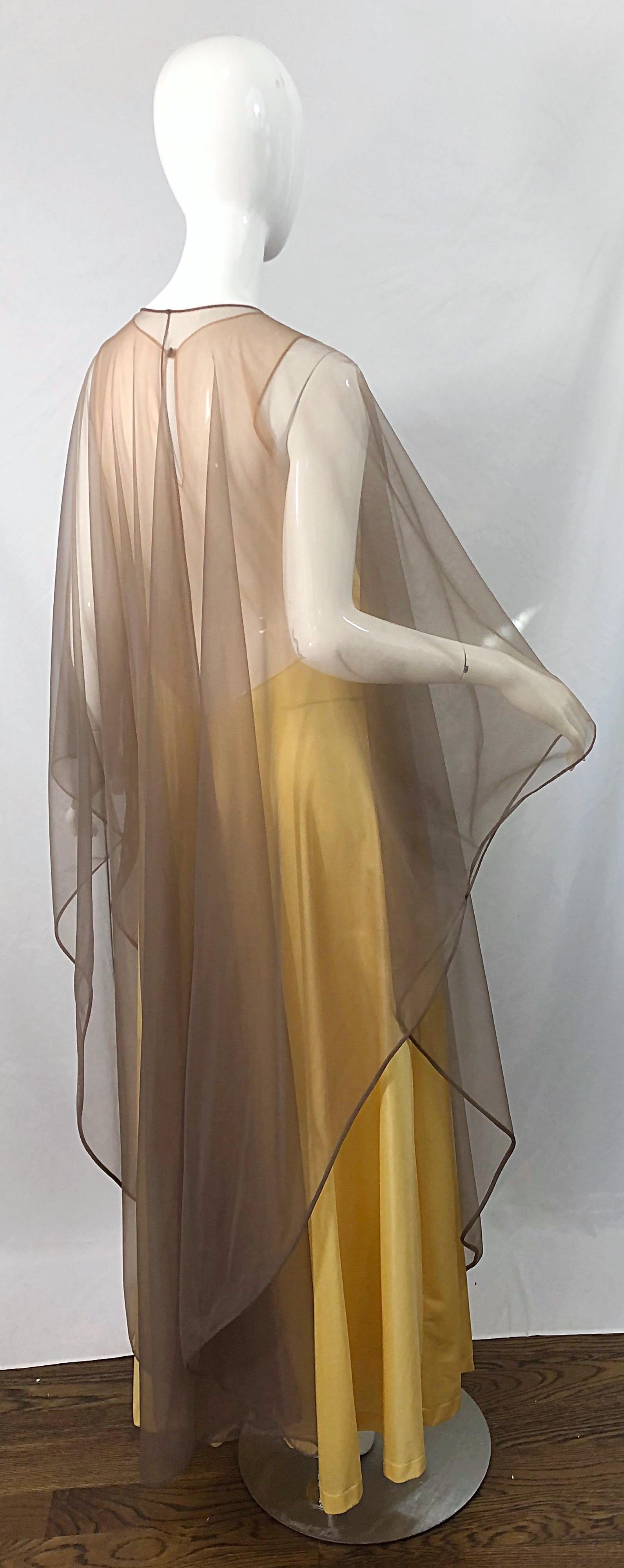 1970s Nude Sheer Caftan and Large Size Yellow Vintage 70s Nightgown Maxi Dress In Excellent Condition In San Diego, CA