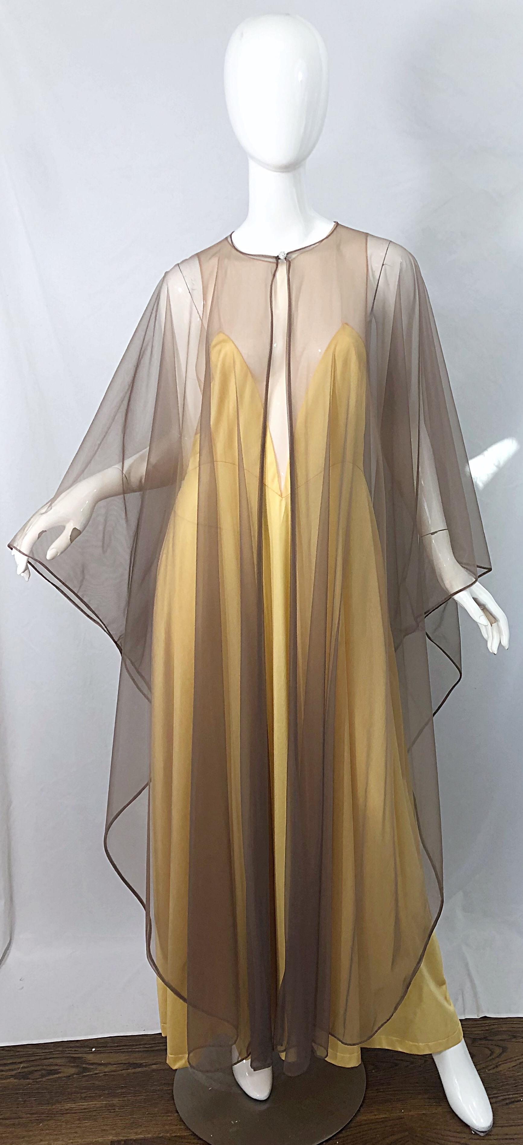 1970s Nude Sheer Caftan and Large Size Yellow Vintage 70s Nightgown Maxi Dress 1
