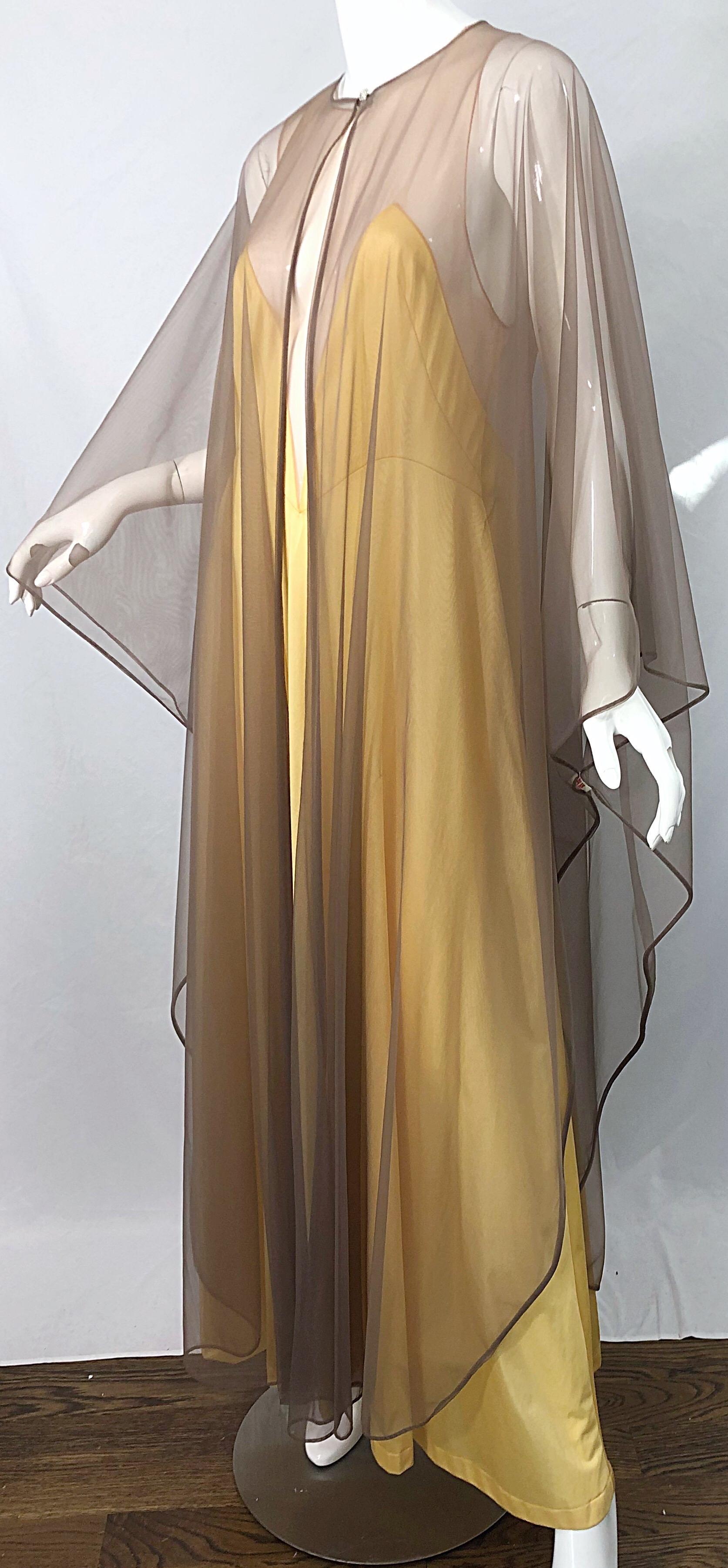 1970s Nude Sheer Caftan and Large Size Yellow Vintage 70s Nightgown Maxi Dress 2