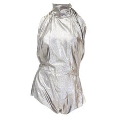 Vintage 1970s NWT Pauline Trigere Silver Lame Halter Romper with Plunging Back, NWT