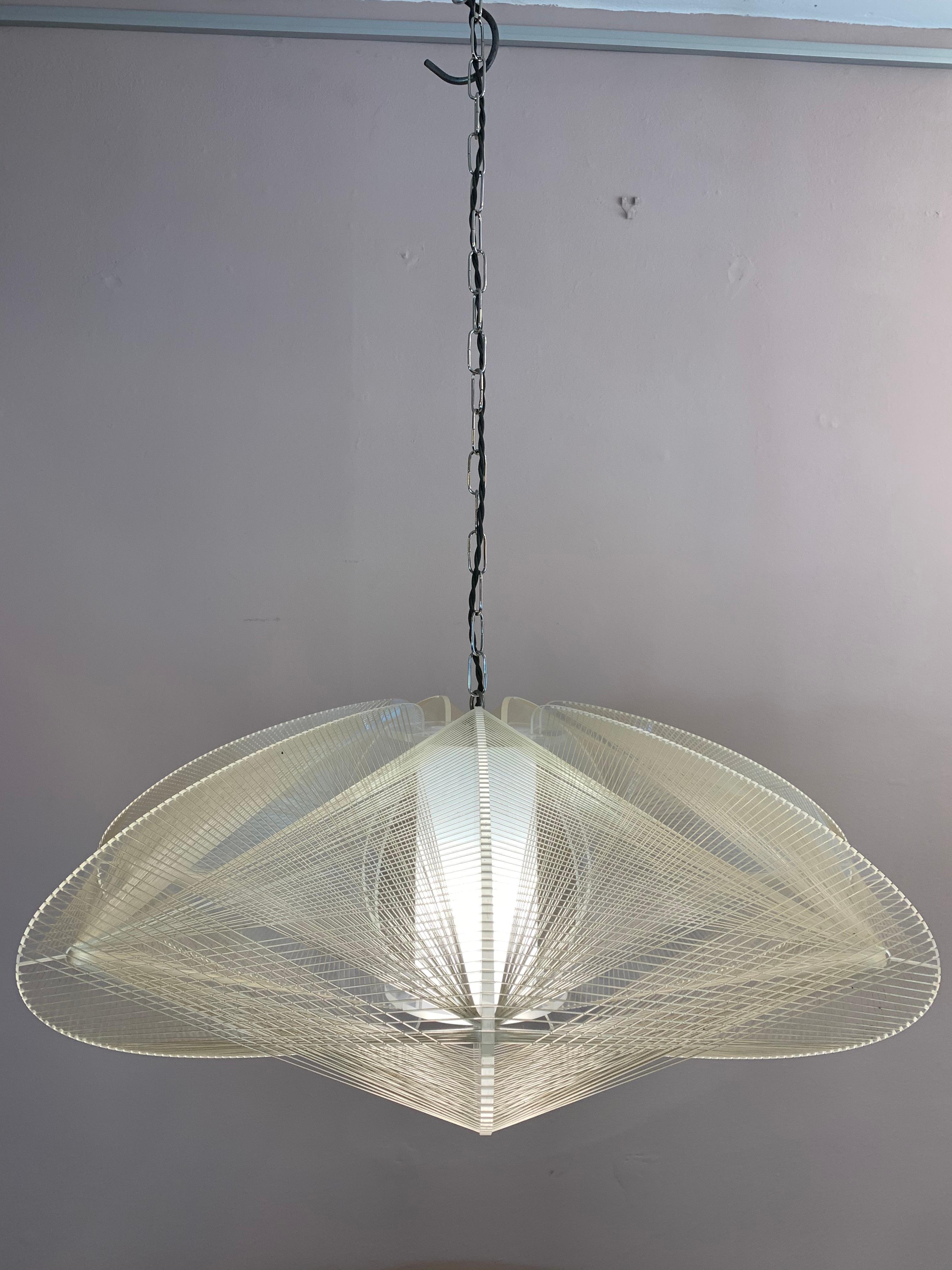 1970s German space age nylon, Perspex and chrome 'fishing line' pendant, hanging, ceiling light. Manufactured by Sompex and designed by French designer Paul Secon. The light is very cleverly constructed with connecting nylon line around a Perspex
