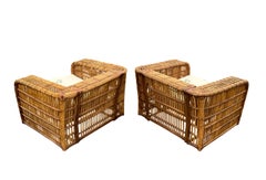 1970s O-Asian Oversized Cubed Rattan Club Bamboo Chairs