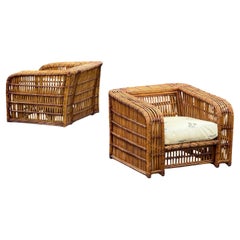 1970 O-Asian Oversized Cubed Rattan Club Bamboo Chairs