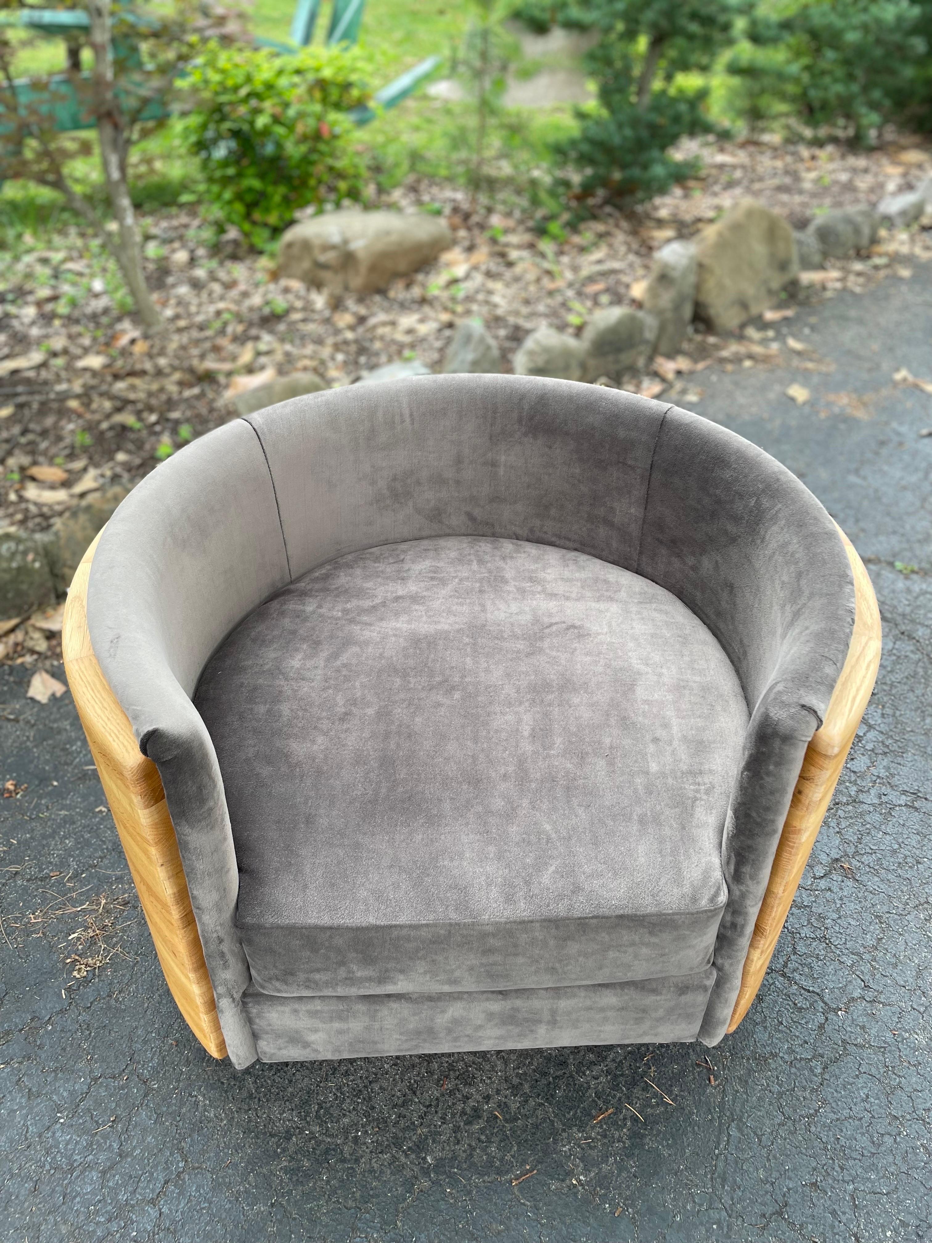 Mid-Century Modern 1970s Oak Barrel Chairs With Holly Hunt Mohair - a Pair For Sale
