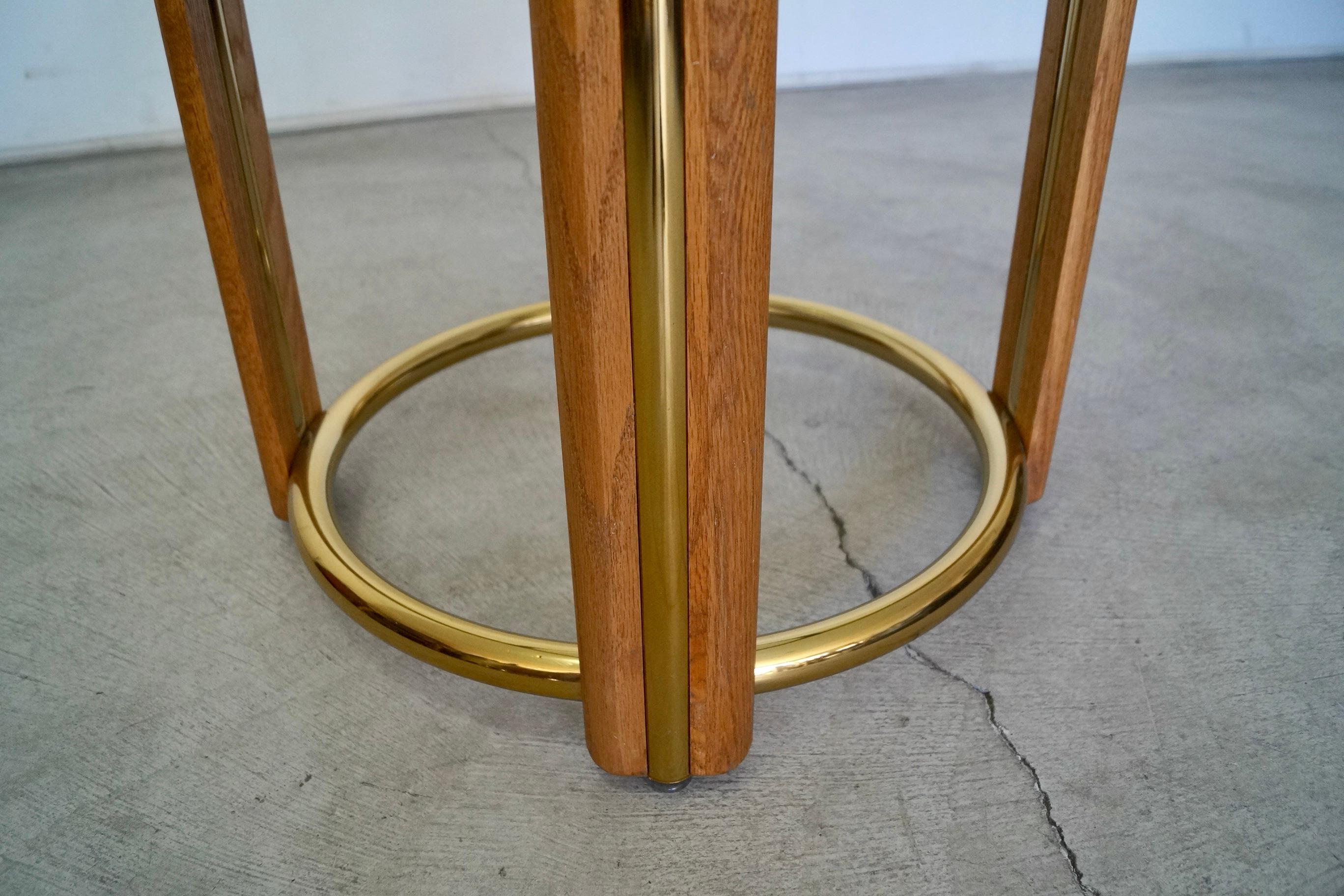 1970 Oak Oak, Brass, and Round Glass Dining Table 5