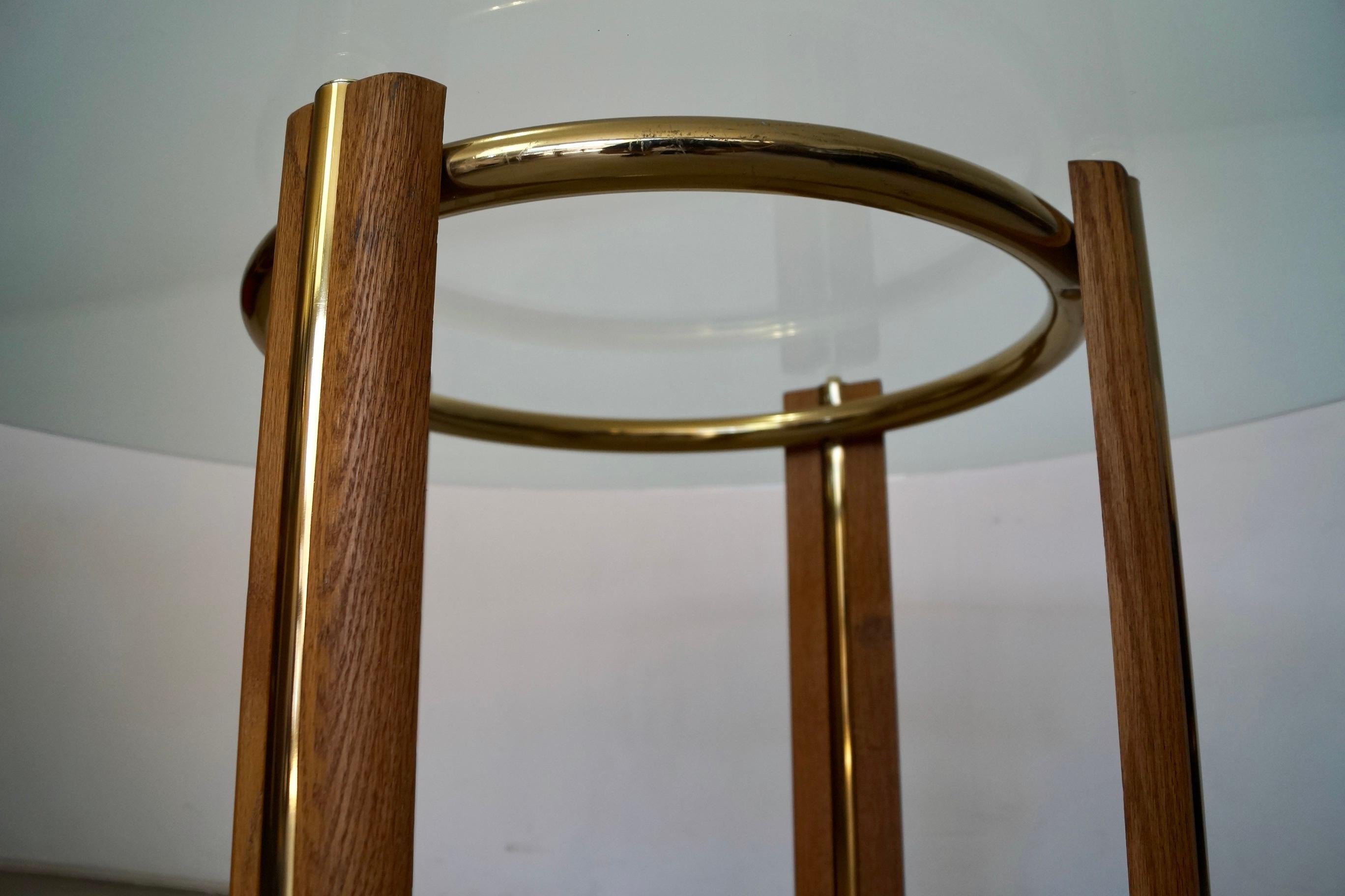 1970 Oak Oak, Brass, and Round Glass Dining Table 7