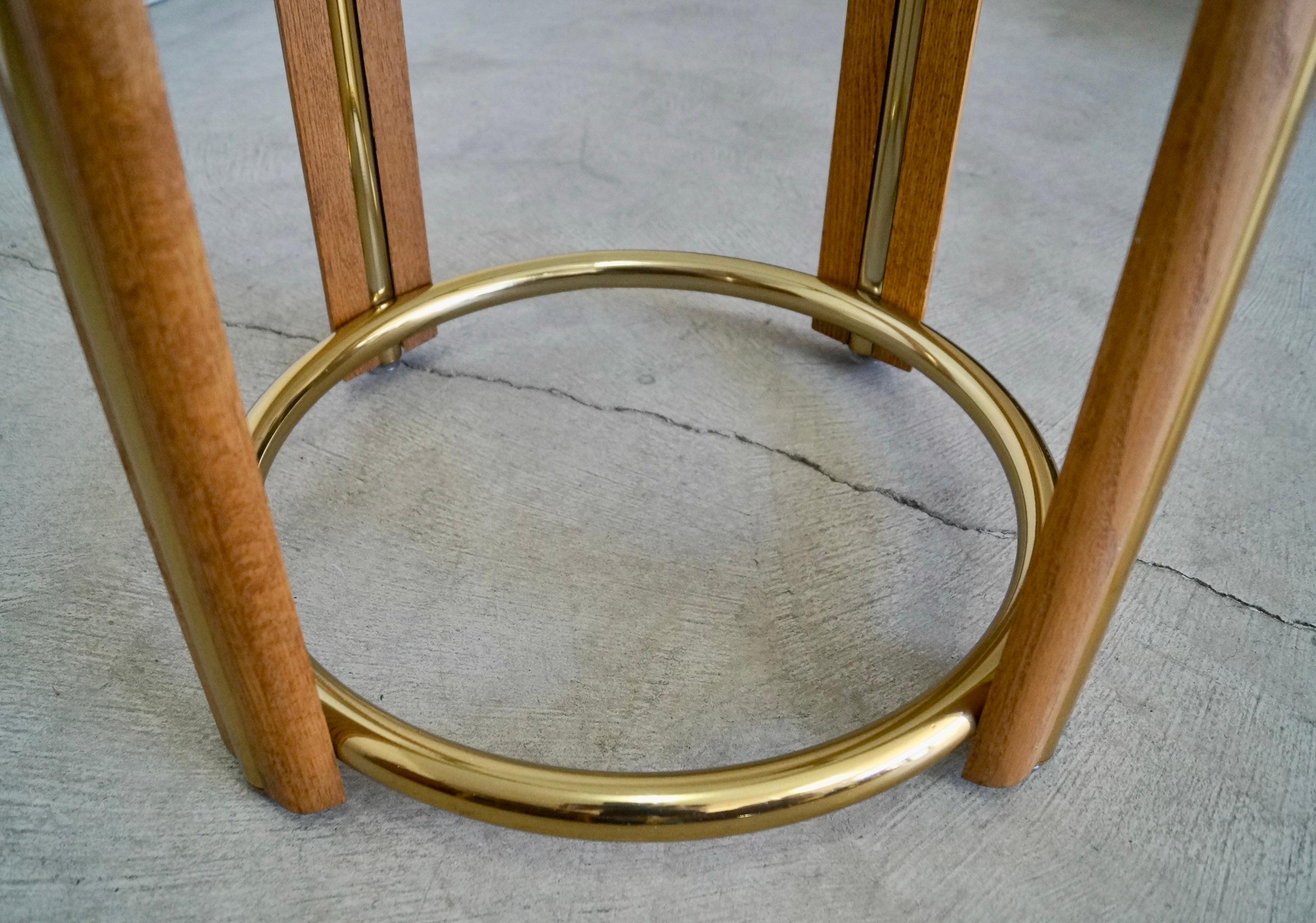 1970 Oak Oak, Brass, and Round Glass Dining Table 9
