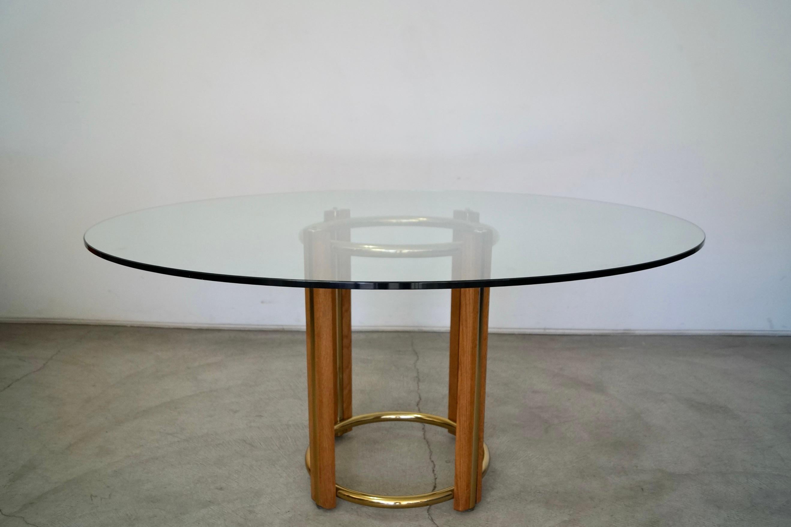American 1970s Oak, Brass, and Round Glass Dining Table