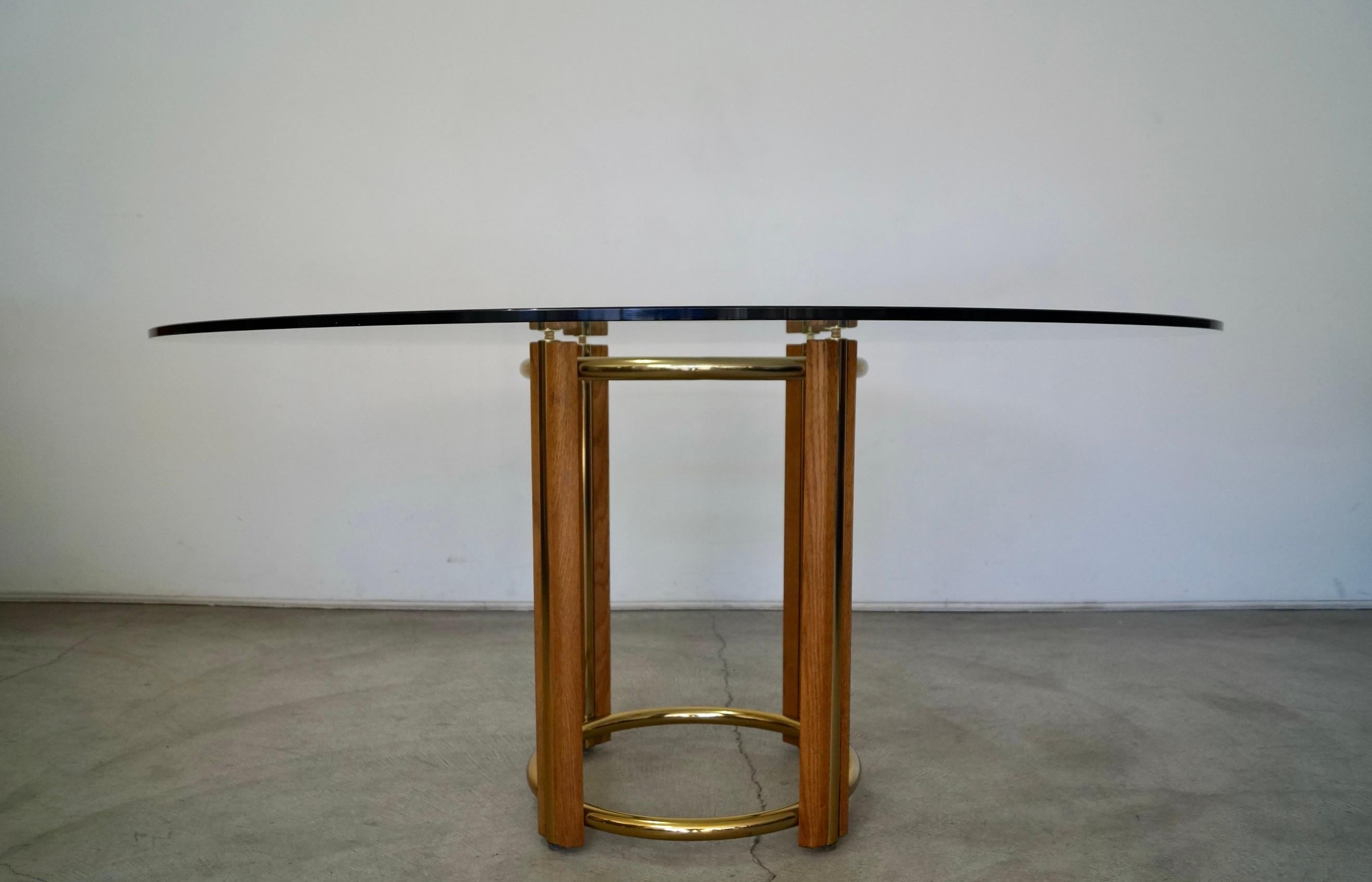 1970s Oak, Brass, and Round Glass Dining Table In Excellent Condition In Burbank, CA