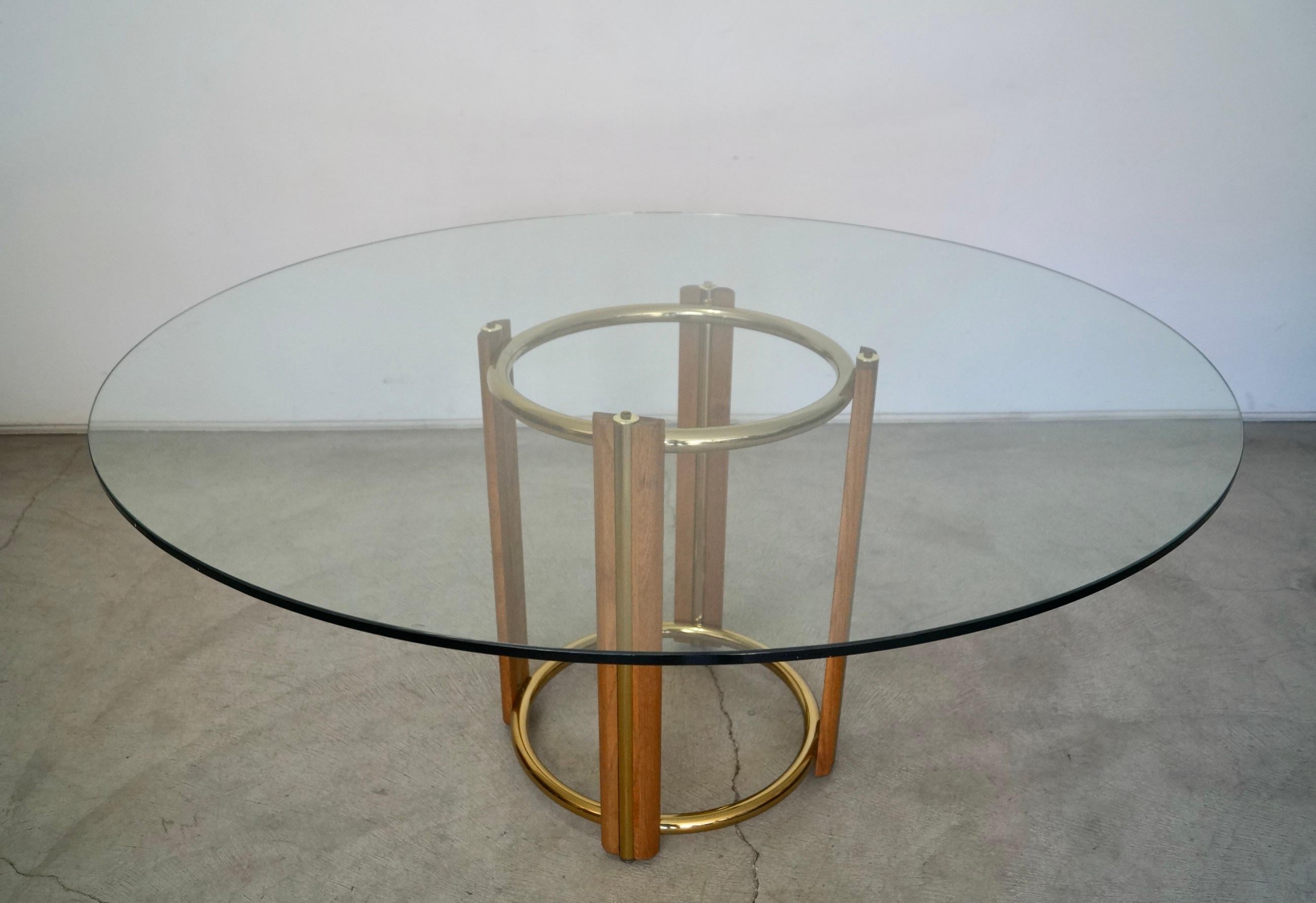 1970s Oak, Brass, and Round Glass Dining Table 1